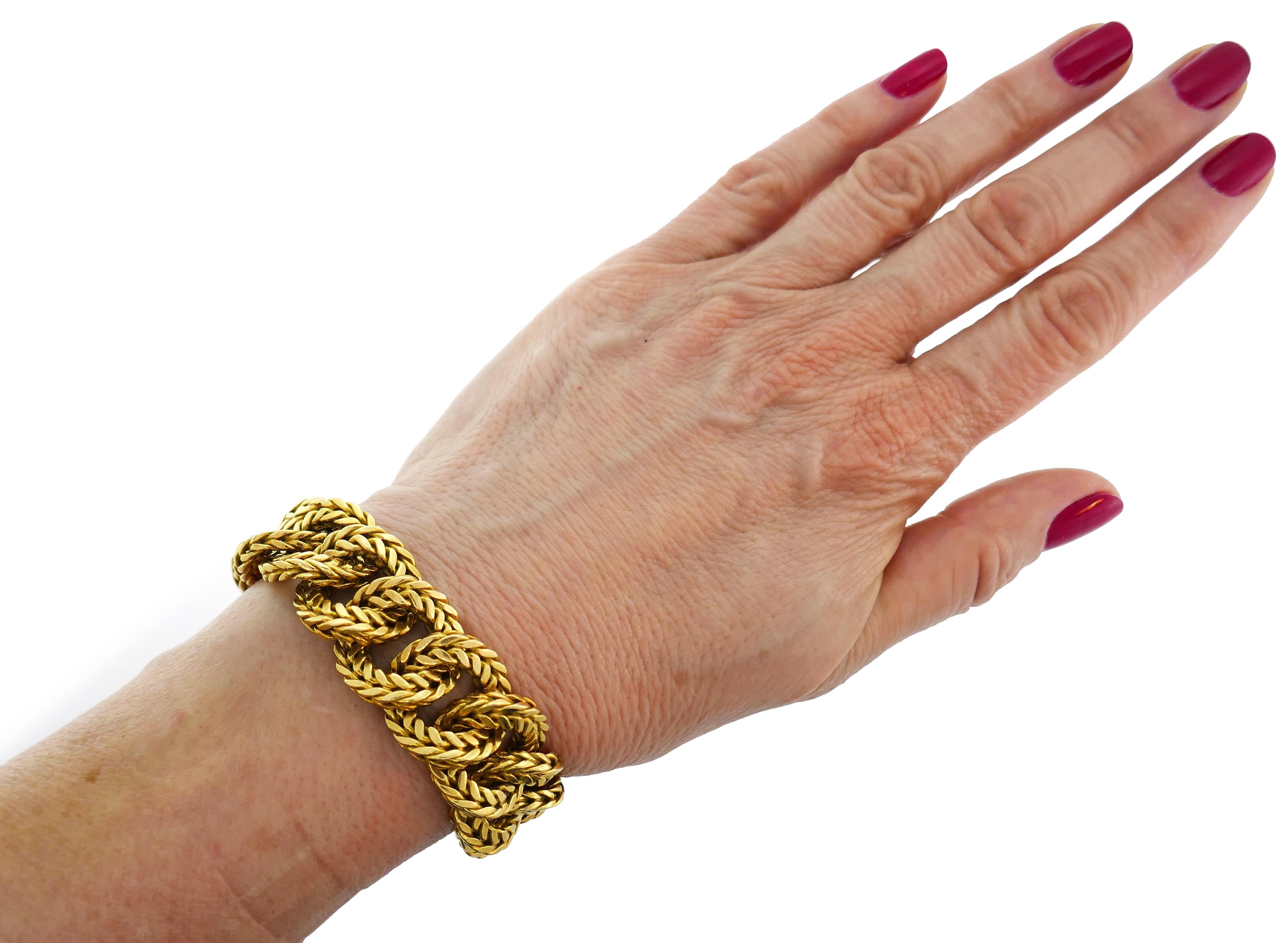 Bold yet elegant bracelet created by Van Cleef & Arpels in France in the 1970s. Timeless and wearable, the bracelet is a great addition to your jewelry collection. 
The bracelet is made of 18 karat yellow gold.
It measures 7 inches x 3/4 inches