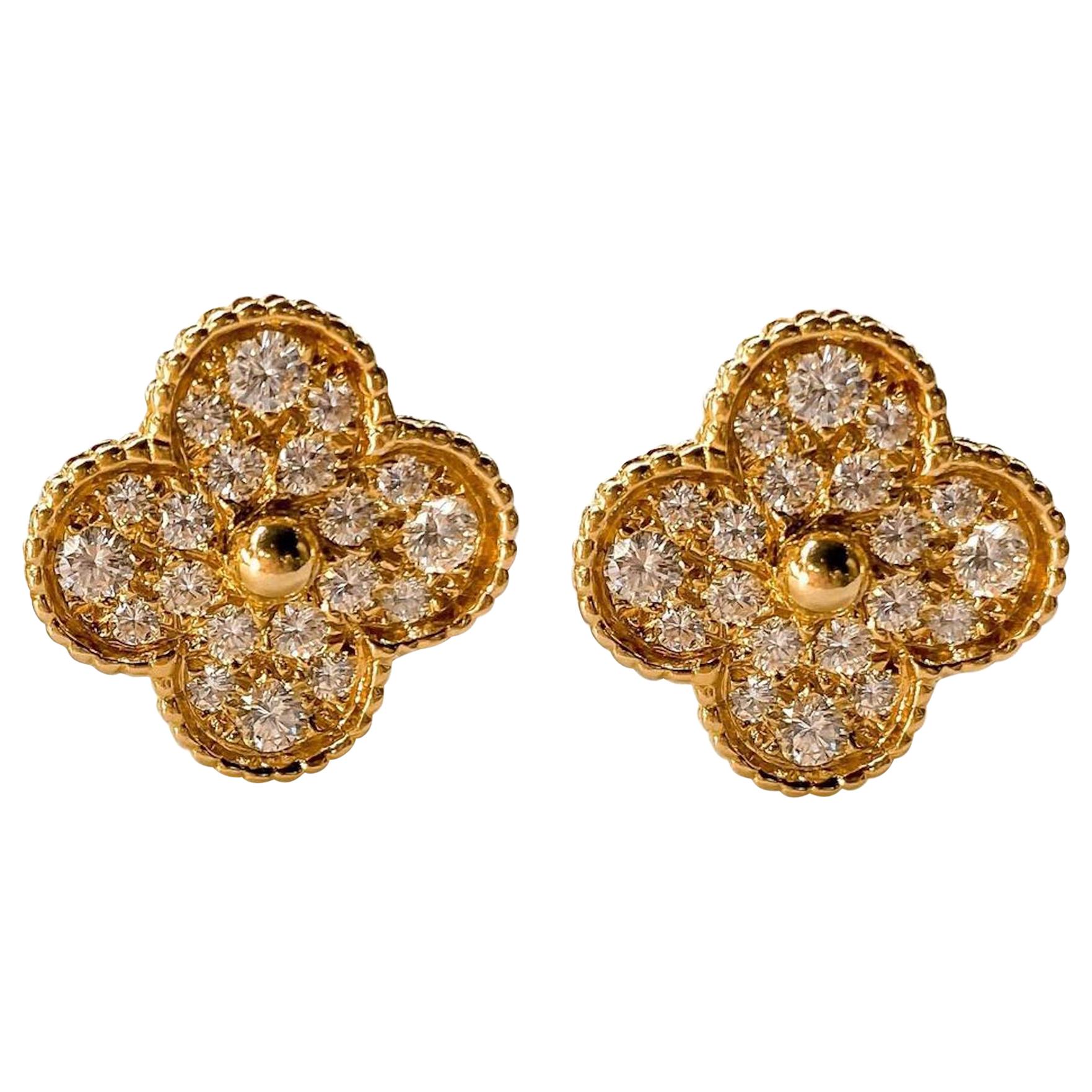 Van Cleef & Arpels Yellow Gold Magic Alhambra Clover Diamond Clip-On Earrings