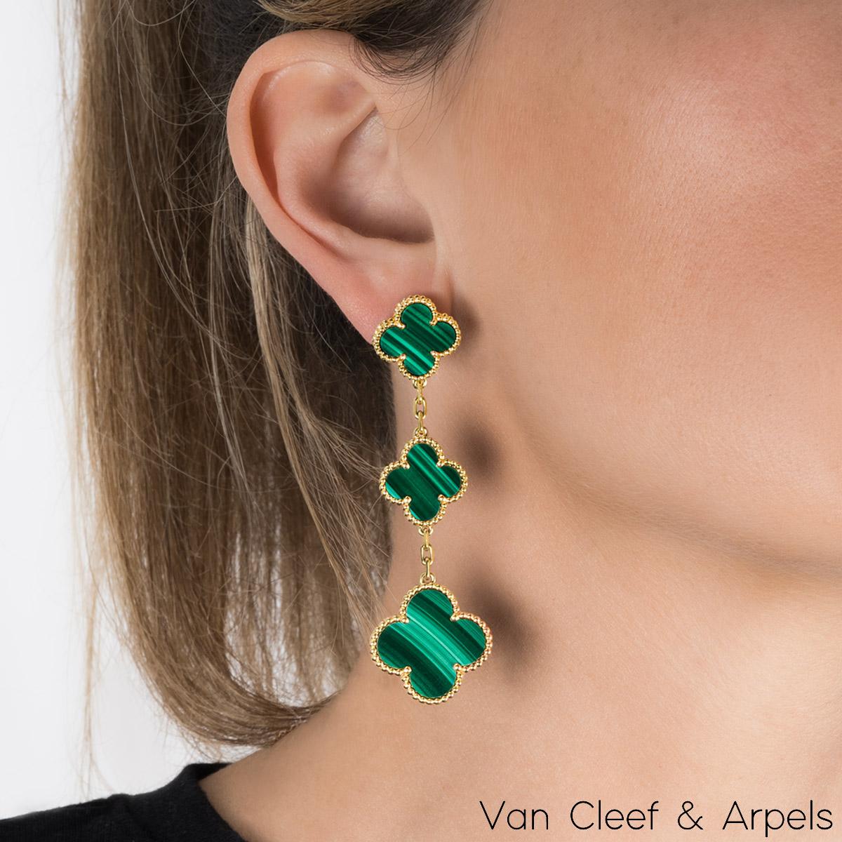 Women's Van Cleef & Arpels Yellow Gold Malachite Magic Alhambra Earrings VCARO2AG00 For Sale