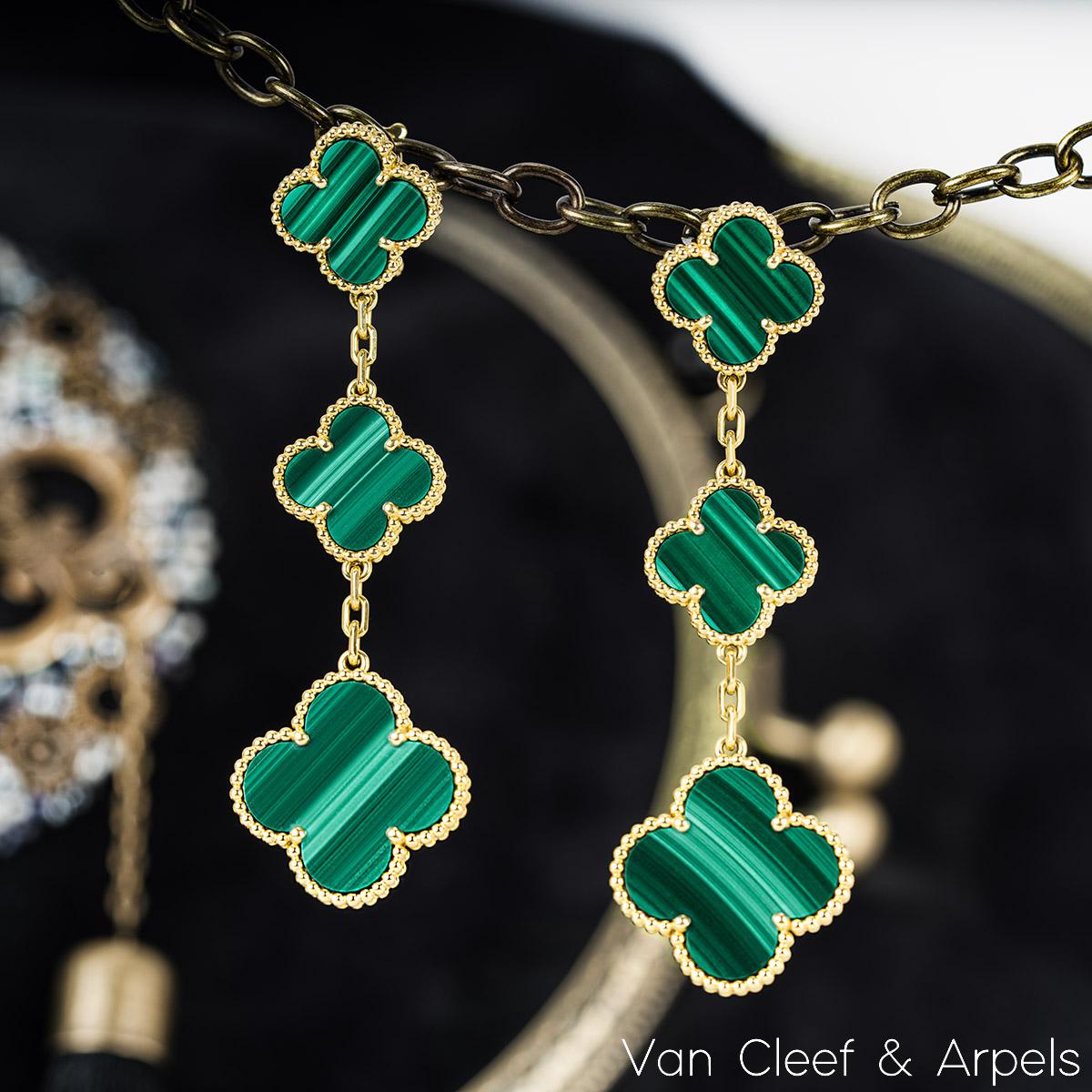 Van Cleef & Arpels Yellow Gold Malachite Magic Alhambra Earrings VCARO2AG00 For Sale 1