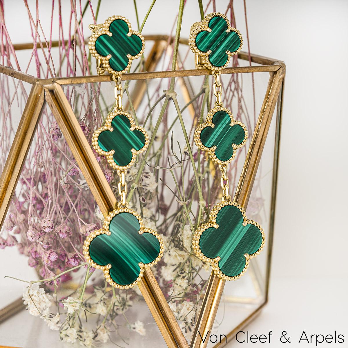 Van Cleef & Arpels Yellow Gold Malachite Magic Alhambra Earrings VCARO2AG00 For Sale 2