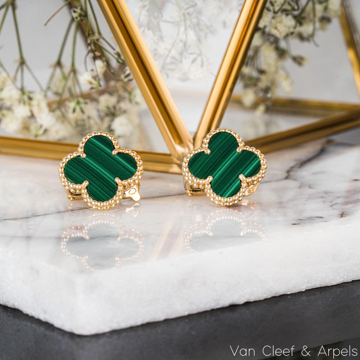 Van Cleef & Arpels Yellow Gold Malachite Vintage Alhambra Earrings VCARO3QL00 In Excellent Condition For Sale In London, GB