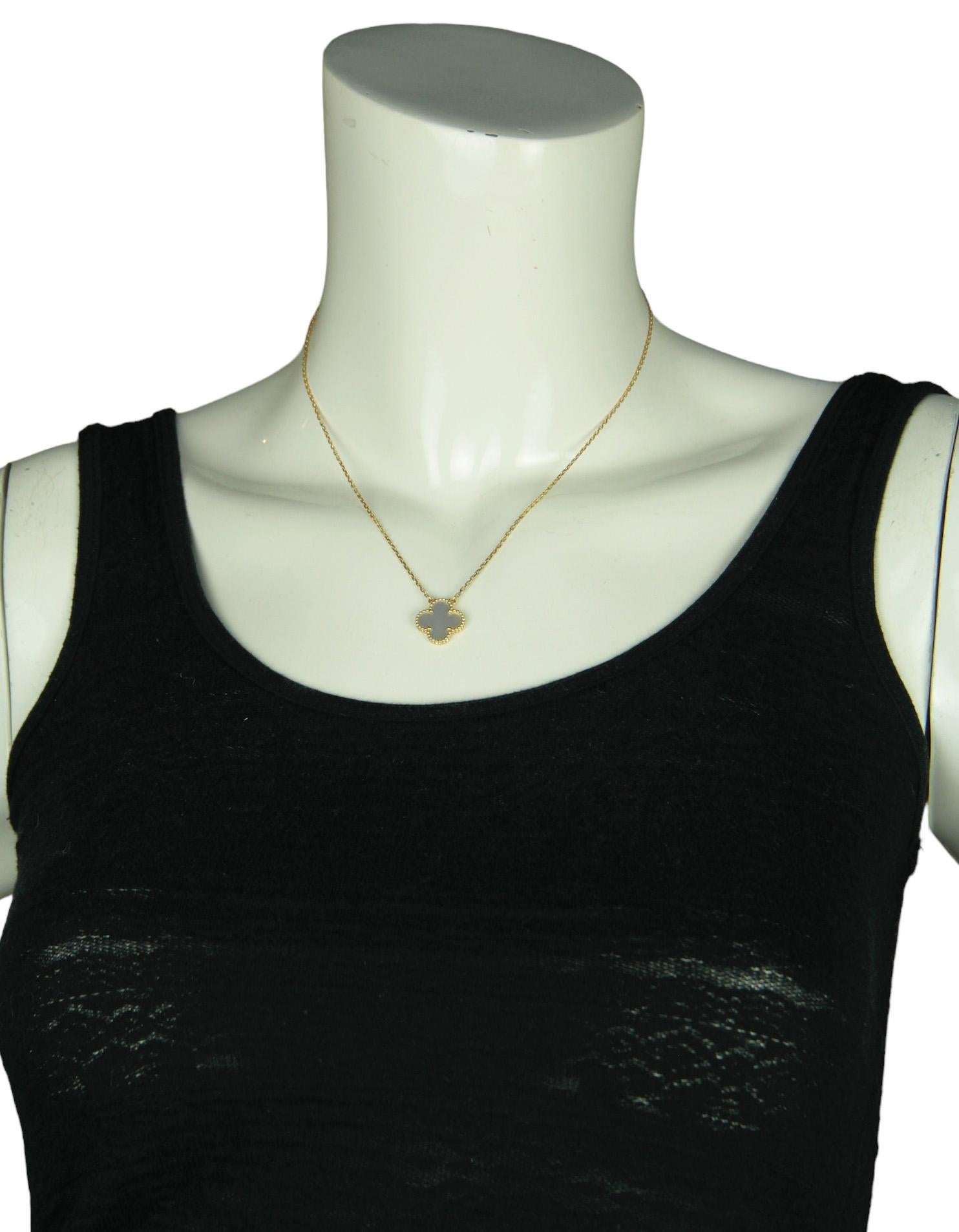 Van Cleef & Arpels 18K Yellow Gold/Mother of Pearl Vintage Alhambra Necklace

Made In: France
Materials: Mother of pearl, 18k yellow gold
Hallmarks: VCA Au750, serial number
Closure/Opening: Lobster clasp
Overall Condition: Excellent
Includes: