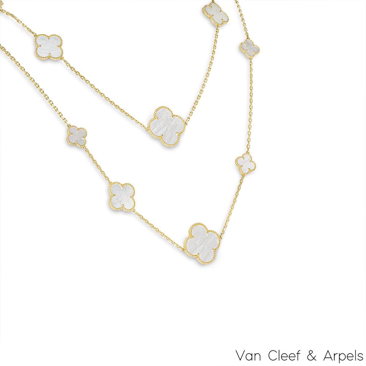 A gorgeous 18k yellow gold Van Cleef & Arpels necklace from the Magic Alhambra collection. The necklace comprises of 16 iconic 4 leaf clover motifs alternating in size, set with mother of pearl inlays and complemented by a beaded outer edge. The