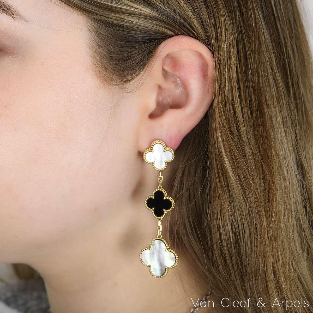 Women's Van Cleef & Arpels Yellow Gold Mother of Pearl & Onyx Magic Alhambra Earrings VC