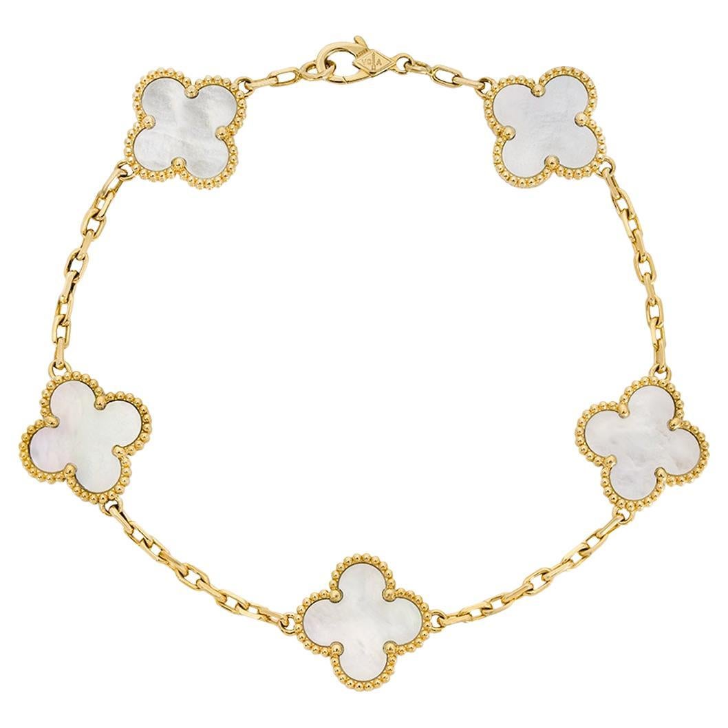 Van Cleef & Arpels Yellow Gold Mother of Pearl Vintage Alhambra 5 Motif Bracelet