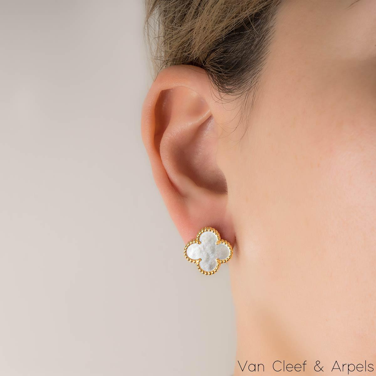 Van Cleef & Arpels Yellow Gold Mother of Pearl Vintage Alhambra Earrings VCARA44 1