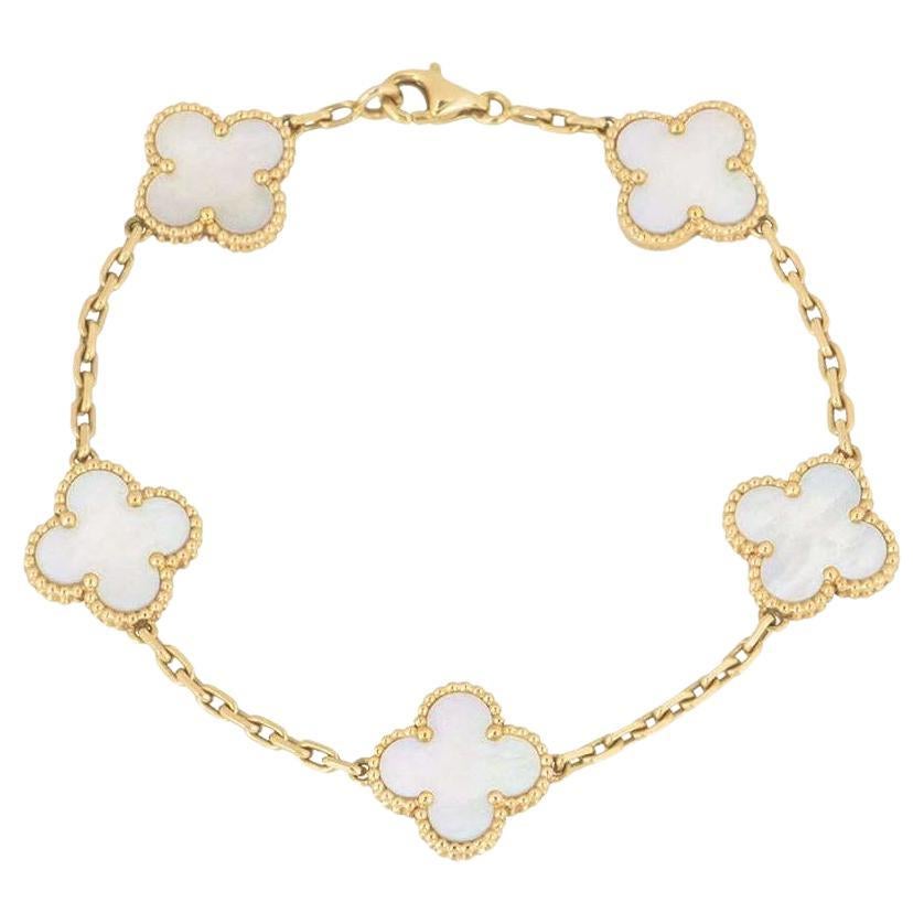Van Cleef & Arpels Yellow Gold Mother Pearl Alhambra 5 Motif Bracelet VCARA41800 For Sale