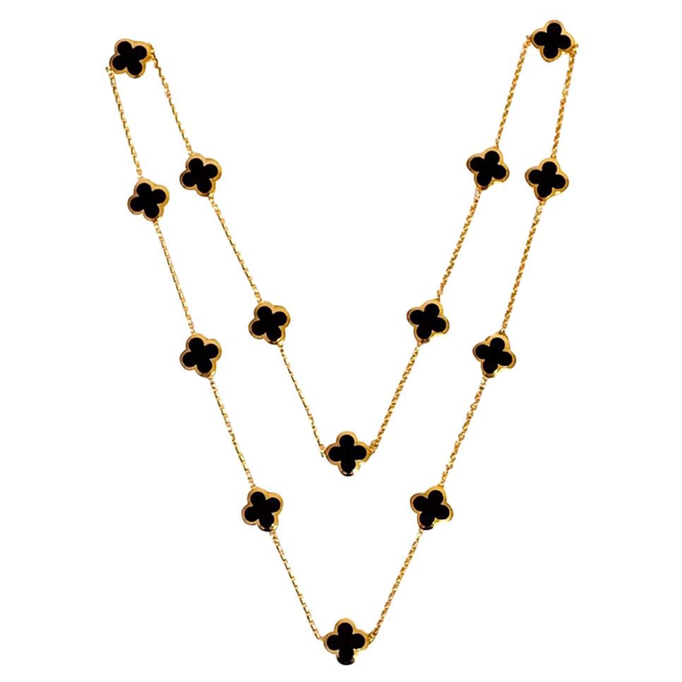 Van Cleef & Arpels Yellow Gold Onyx Pure Alhambra 14 Motif Long Necklace