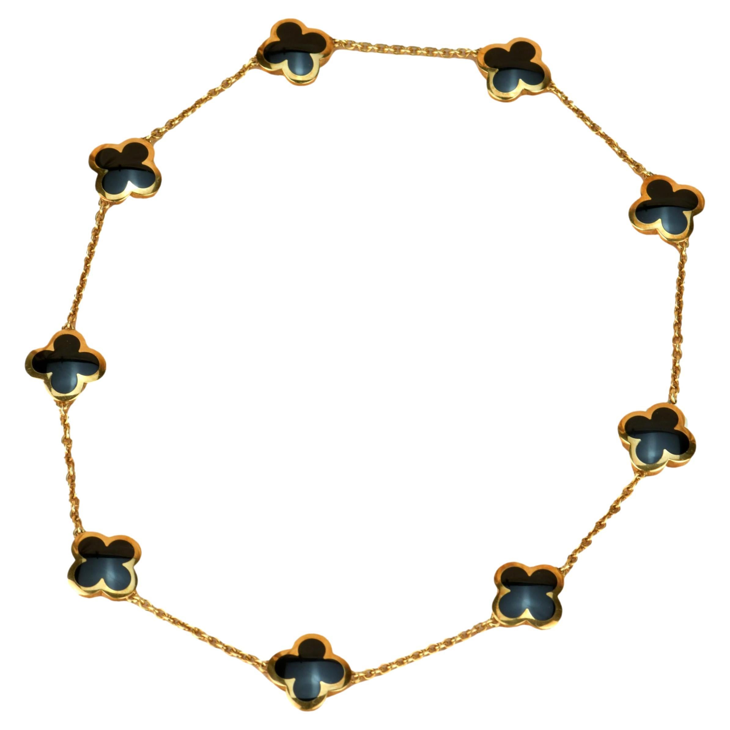 Van Cleef & Arpels Yellow Gold Onyx Pure Alhambra 9 Motif Long Necklace