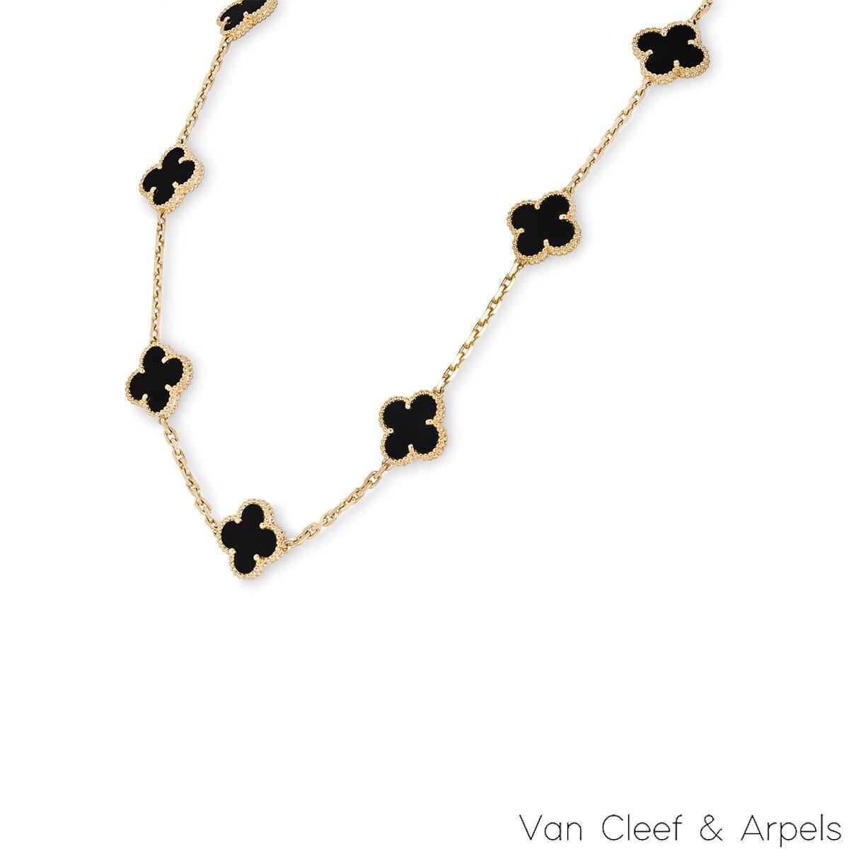 An iconic 18k yellow gold and onyx Van Cleef and Arpels necklace from the Vintage Alhambra collection. The necklace comprises of 10 iconic 4 leaf clover motifs, each set with a beaded edge and an onyx inlay. The necklace measures 16.5 inches in