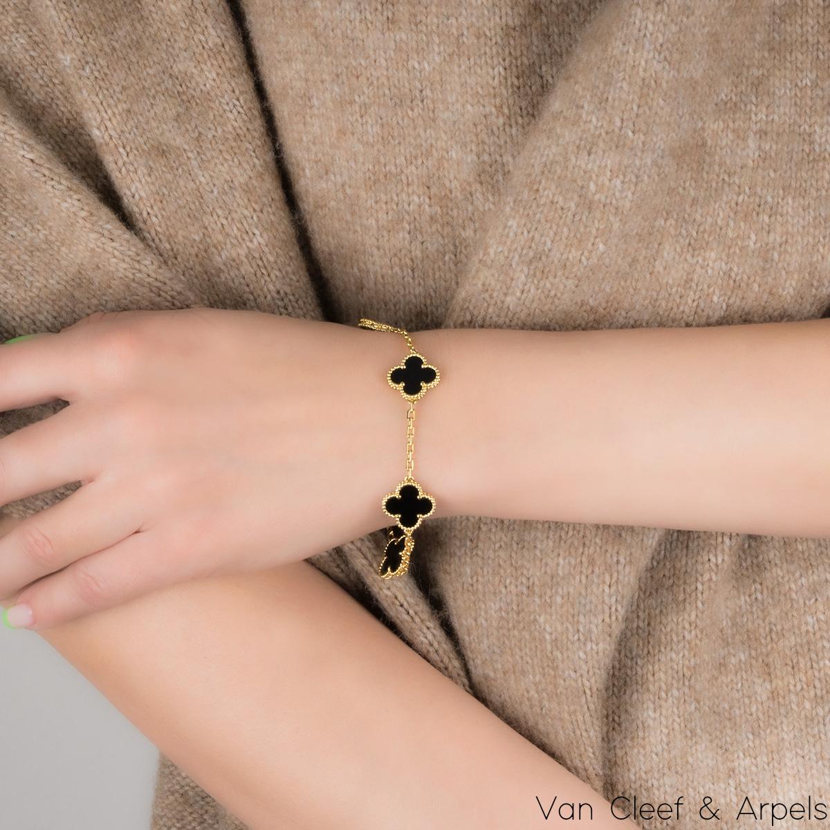 Women's Van Cleef & Arpels Yellow Gold Onyx Vintage Alhambra 5 Motif Bracelet VCARA41300 For Sale