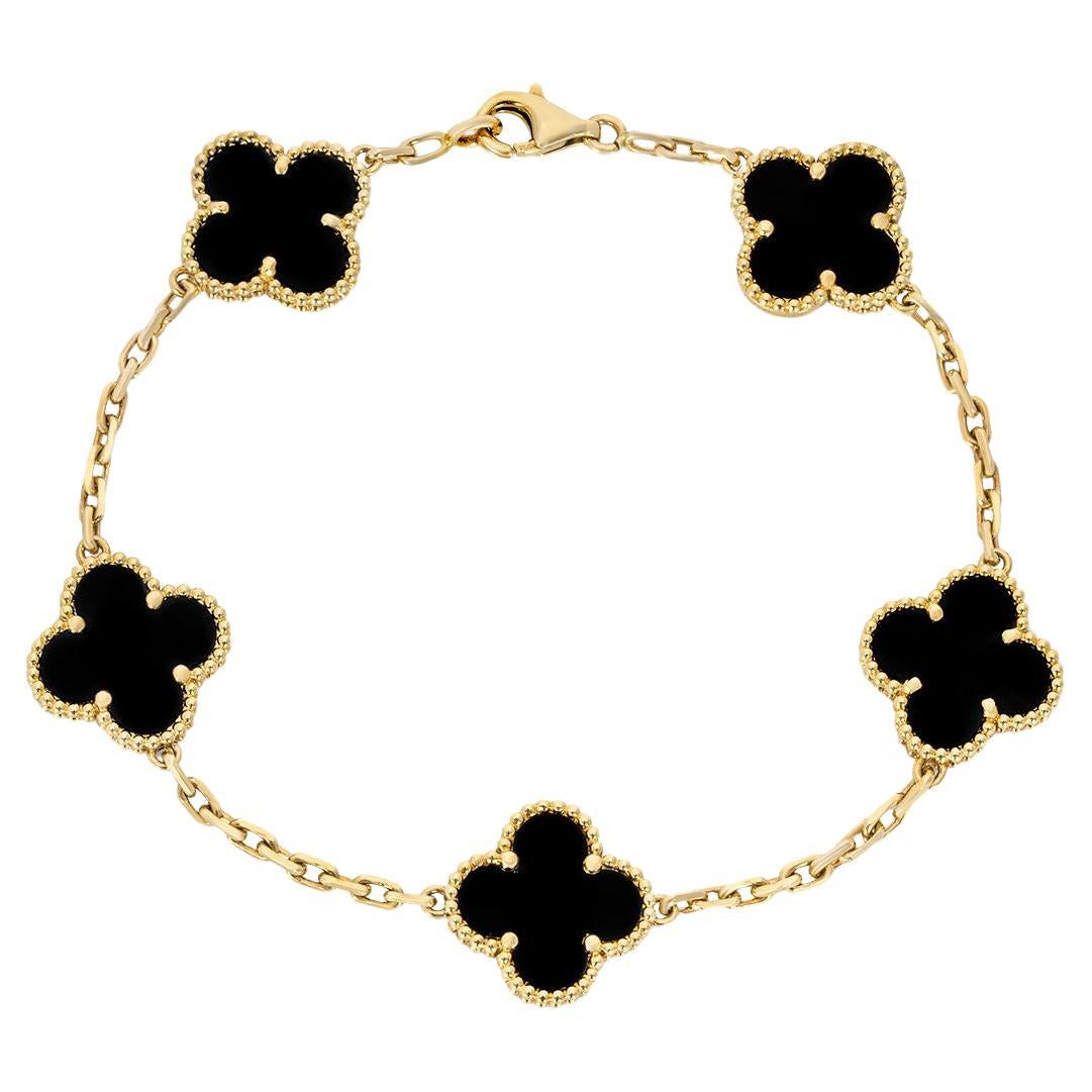 Van Cleef & Arpels Yellow Gold Onyx Vintage Alhambra 5 Motif Bracelet VCARA41300