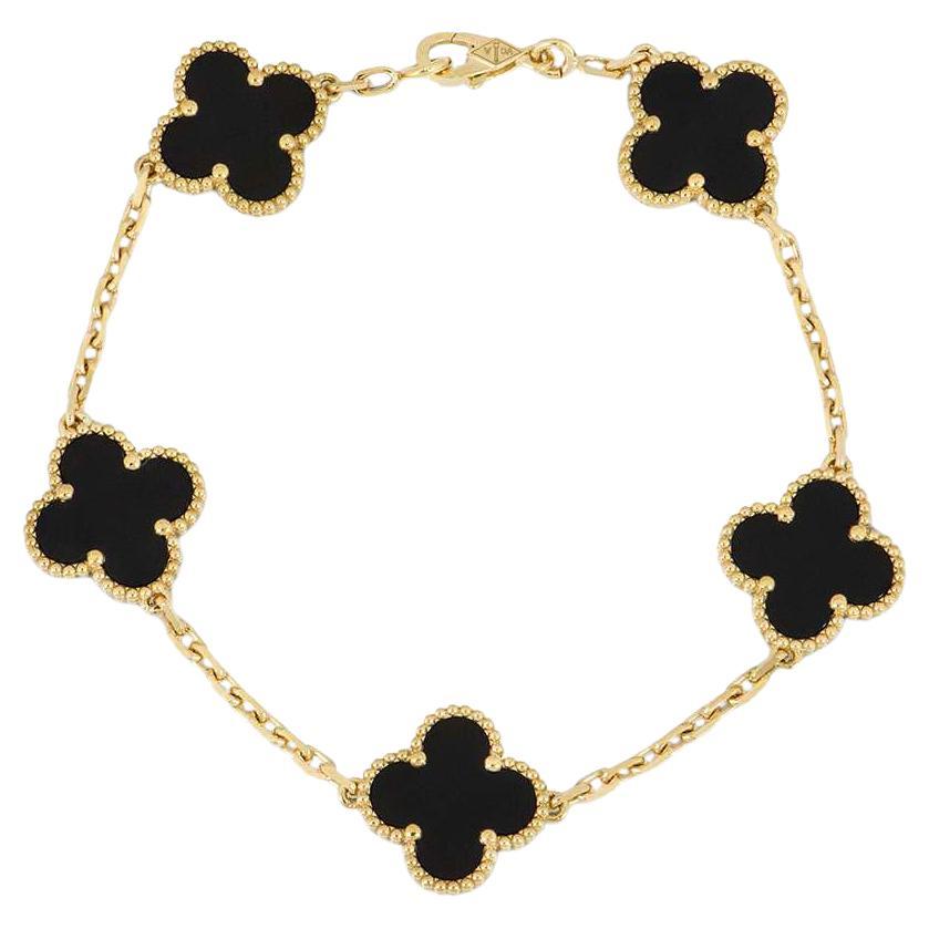 Van Cleef 
Arpels Yellow Gold Onyx Vintage Alhambra 5 Motif Bracelet VCARA41300 For Sale