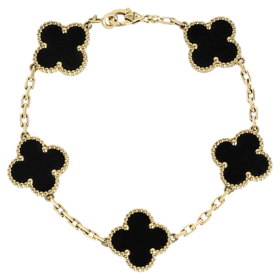 Van Cleef & Arpels Yellow Gold Onyx Vintage Alhambra 5 Motif Bracelet VCARA41300