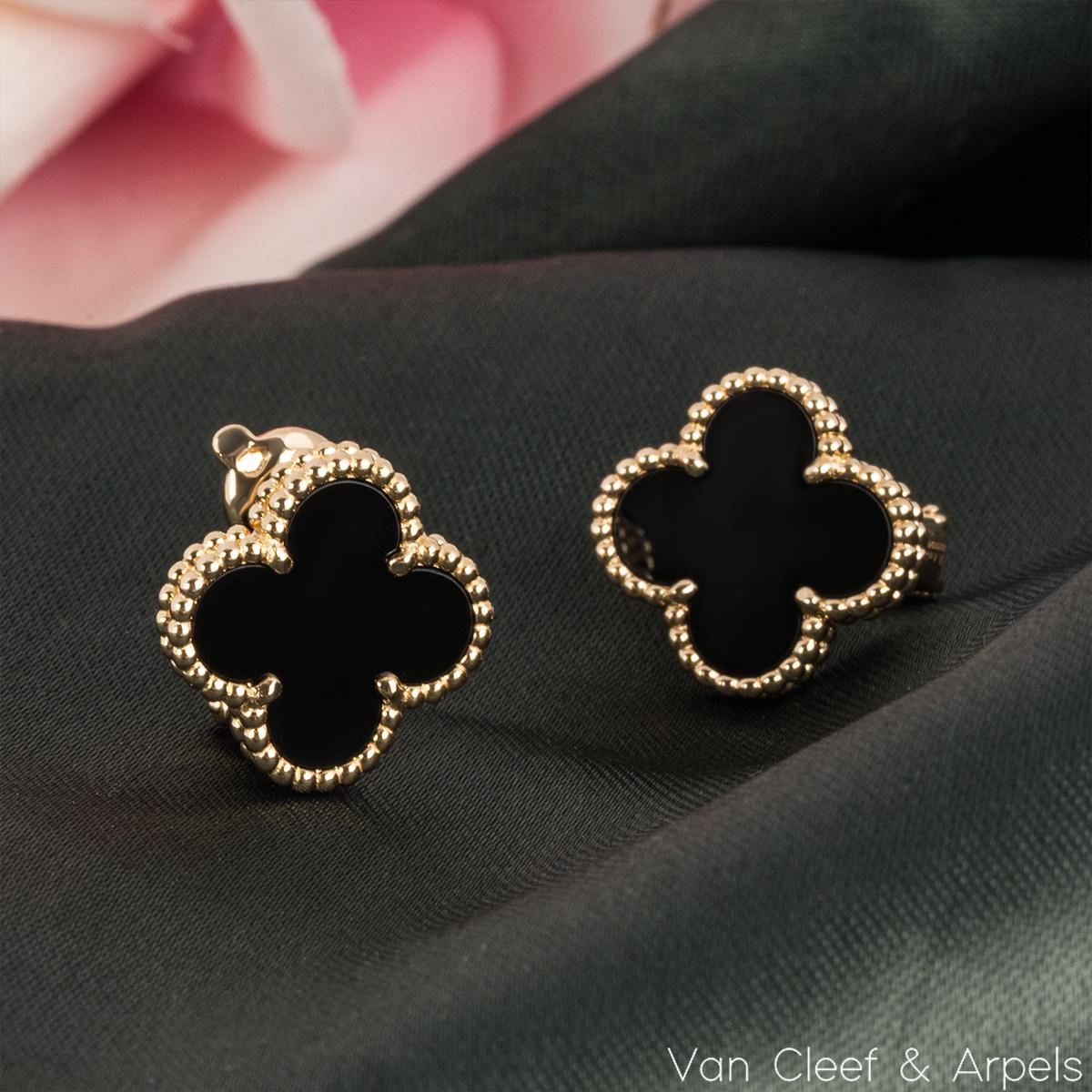 Women's Van Cleef & Arpels Yellow Gold Onyx Vintage Alhambra Earrings VCARA44200