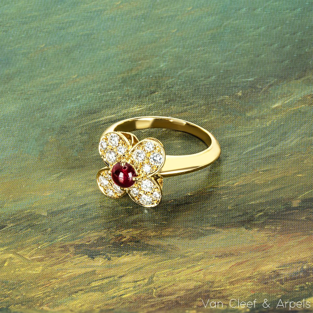 Round Cut Van Cleef & Arpels Yellow Gold Ruby and Diamond Alhambra Ring