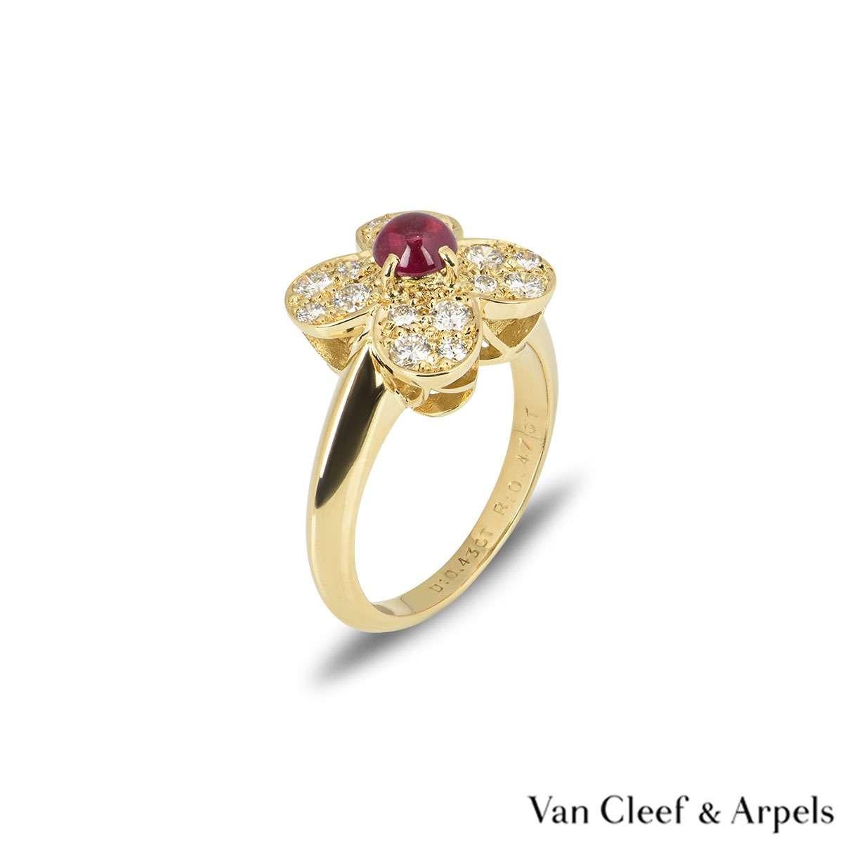 A beautiful 18k yellow gold Van Cleef & Arpels diamond ring from the Alhambra collection. The flower motif is set with a single claw set ruby weighing 0.47ct. The petals of the flower are pave set with round brilliant cut diamonds totalling 0.43ct.