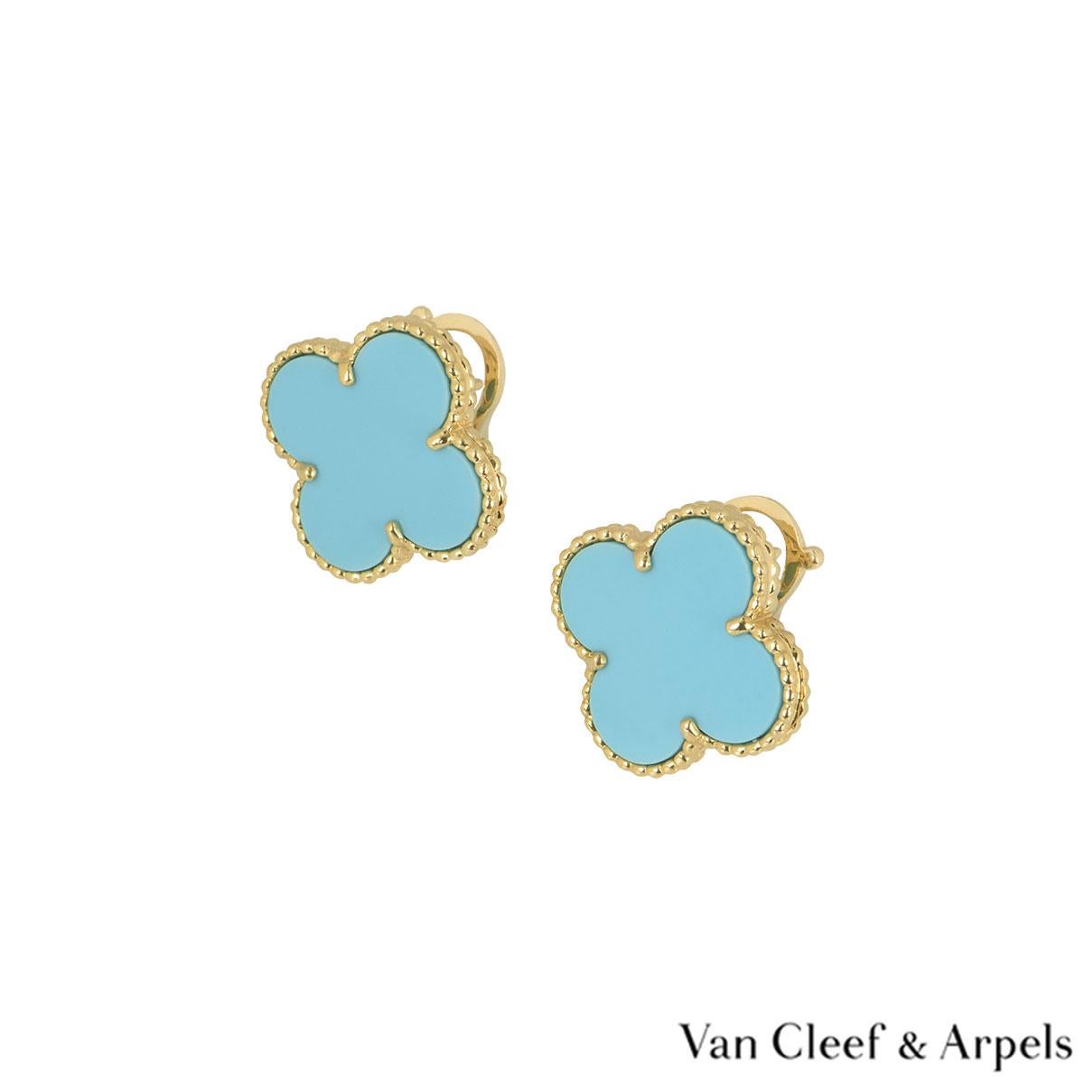 An iconic pair of 18k yellow gold Van Cleef & Arpels earrings from the Magic Alhambra collection. The earrings are composed of a four leaf clover motif with an turquoise inlay, complimented by a beaded edge. The earrings feature removable posts and