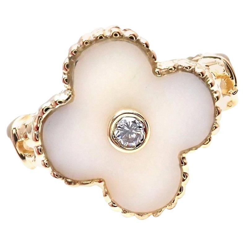 Van Cleef & Arpels Yellow Gold White Coral Diamond Alhambra Ring