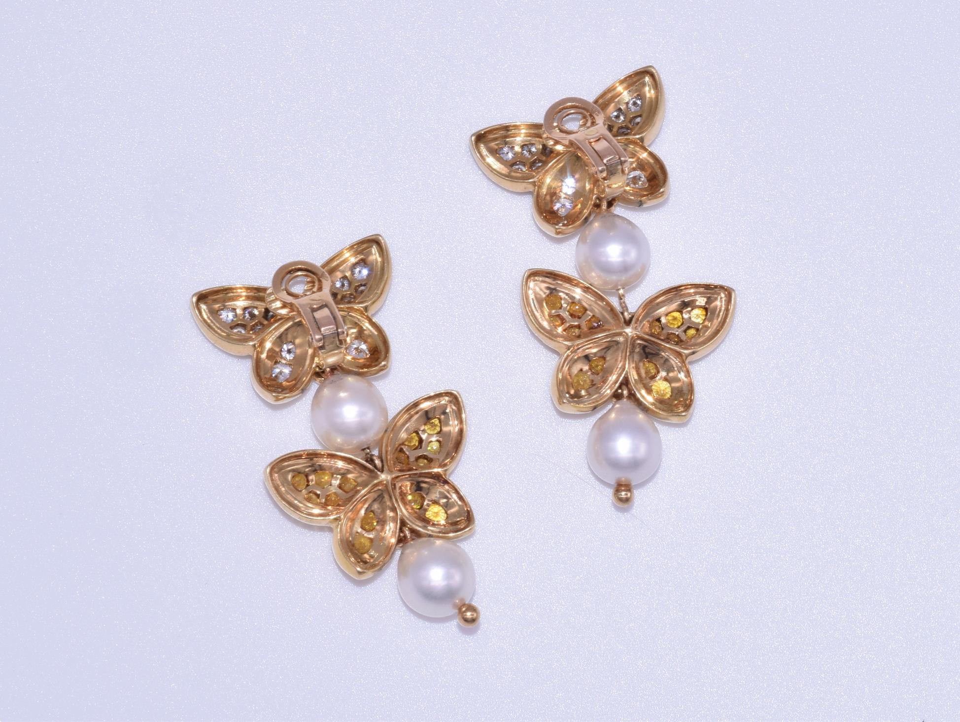 Round Cut Van Cleef & Arpels Yellow Sapphire, Diamond and Pearl Butterfly Drop Earrings