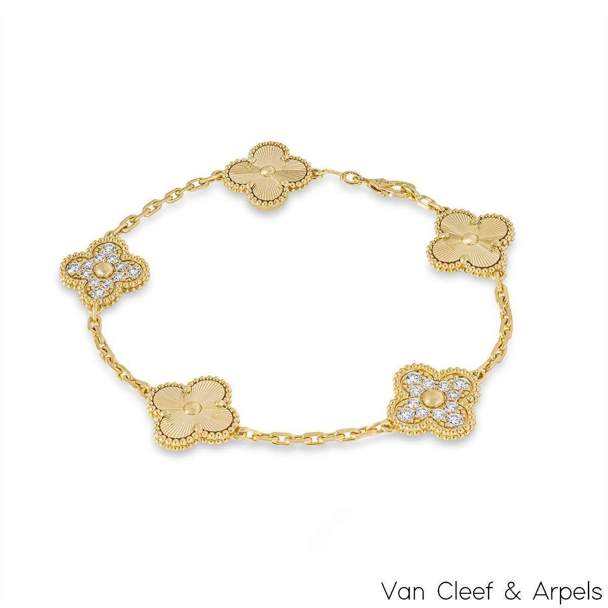 An 18k yellow gold diamond guilloche bracelet, from the Vintage Alhambra collection by Van Cleef and Arpels (VCA). The bracelet is made up of 5 alternating iconic clover motifs, three feature guilloche patterns and the other two feature diamond set
