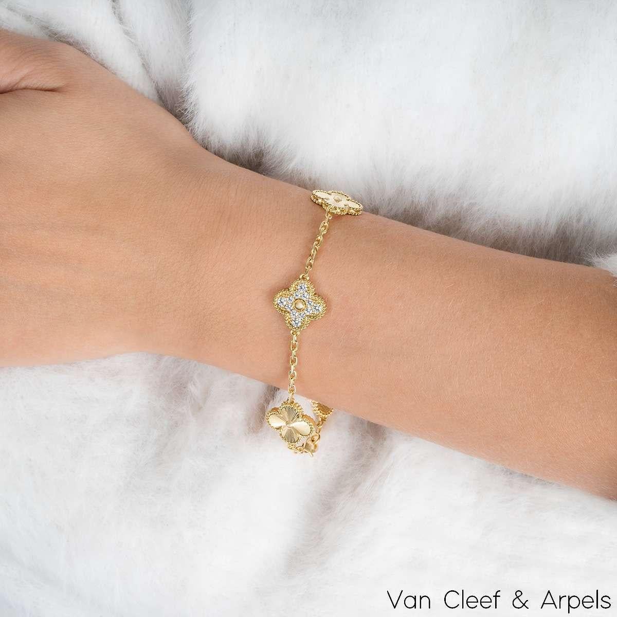 Van Cleef & Arpels YG Diamond Guilloche Vintage Alhambra 5 Motif Bracelet In Excellent Condition In London, GB