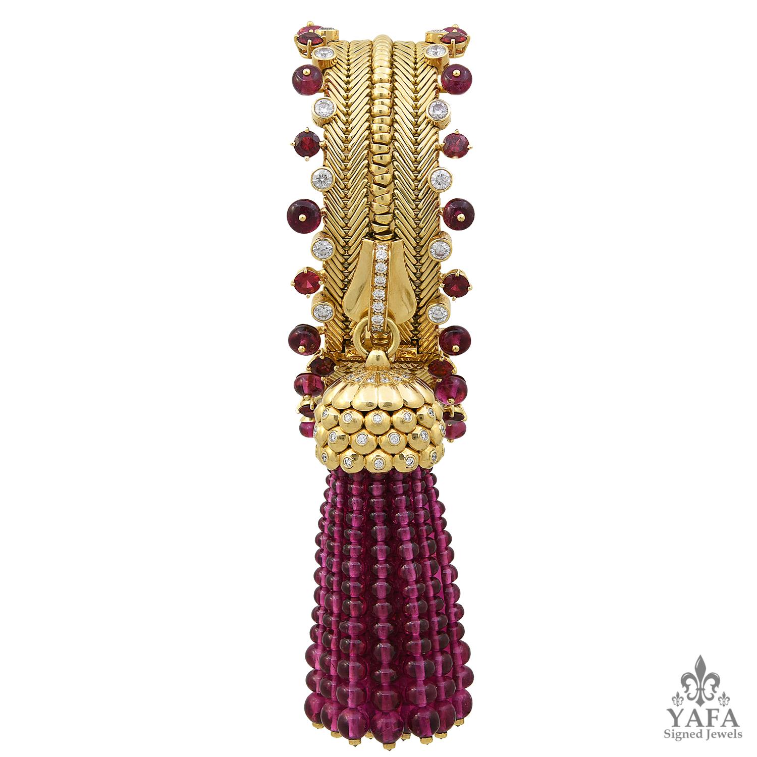Van Cleef and Arpels Vintage Rubellite Beads Gold Zip Necklace Bracelet