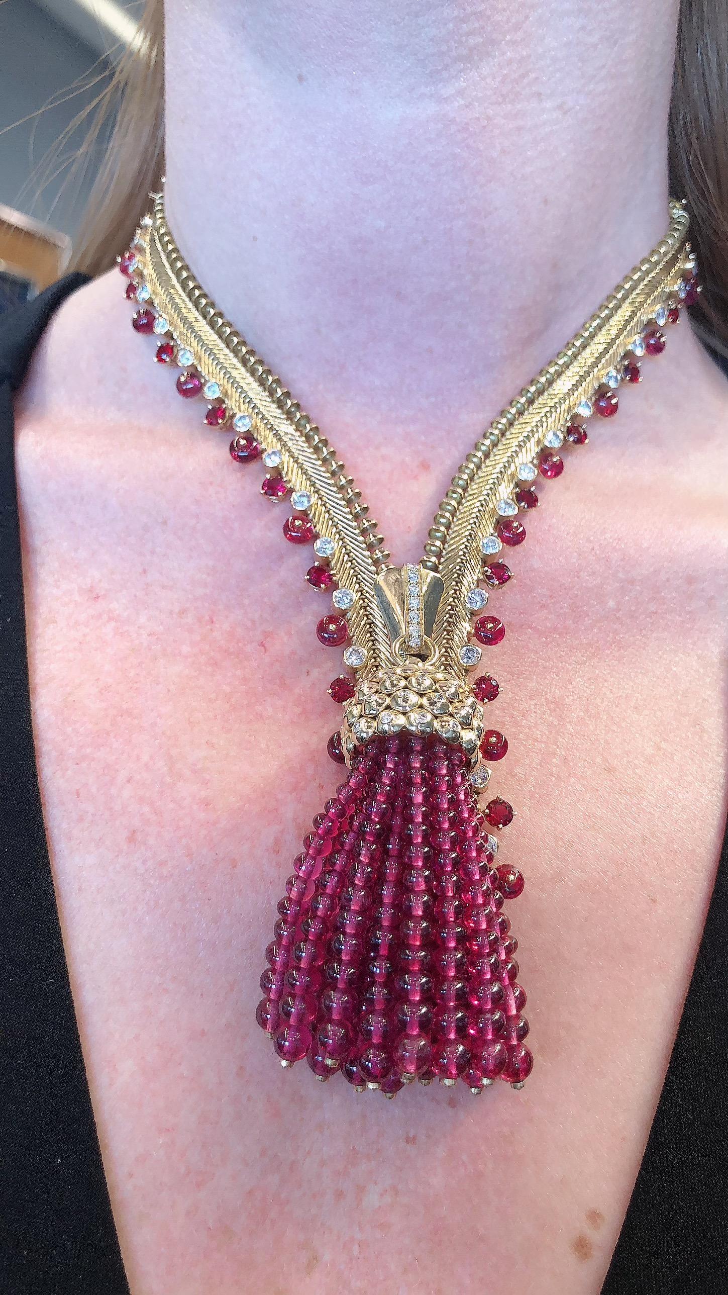 Van Cleef and Arpels Vintage Rubellite Beads Gold Zip Necklace Bracelet
