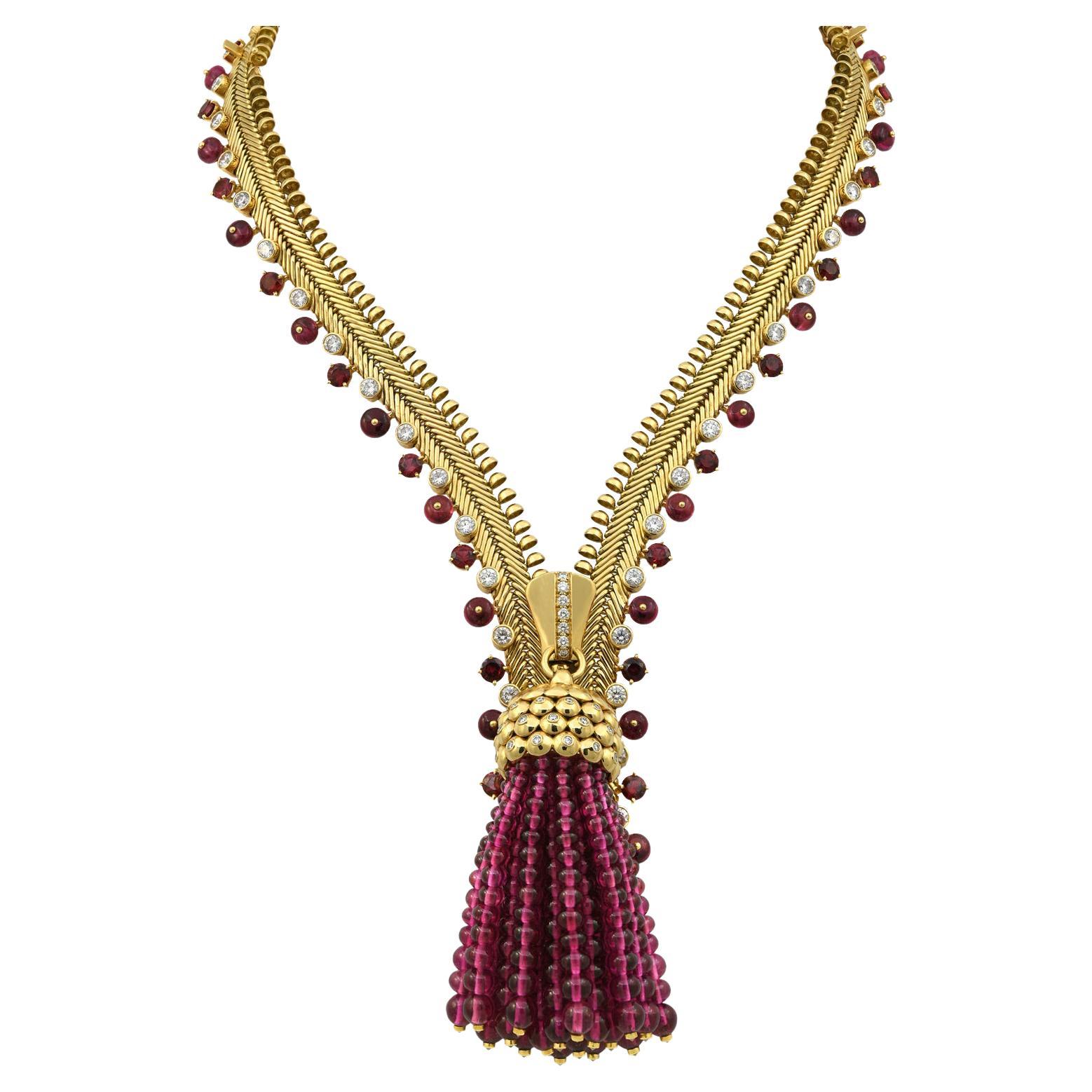 Van Cleef and Arpels Vintage Rubellite Beads Gold Zip Necklace Bracelet For  Sale at 1stDibs