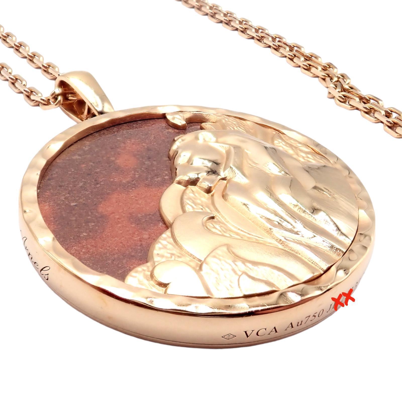 18k Rose Gold Red Jasper Zodiaque Leo Pendant Long Necklace by Van Cleef & Arpels. 
The Van Cleef & Arpels Zodiaque necklace is a distinguished piece, artfully crafted from 18k rose gold. 
This exclusive design features a Leo pendant, intricately