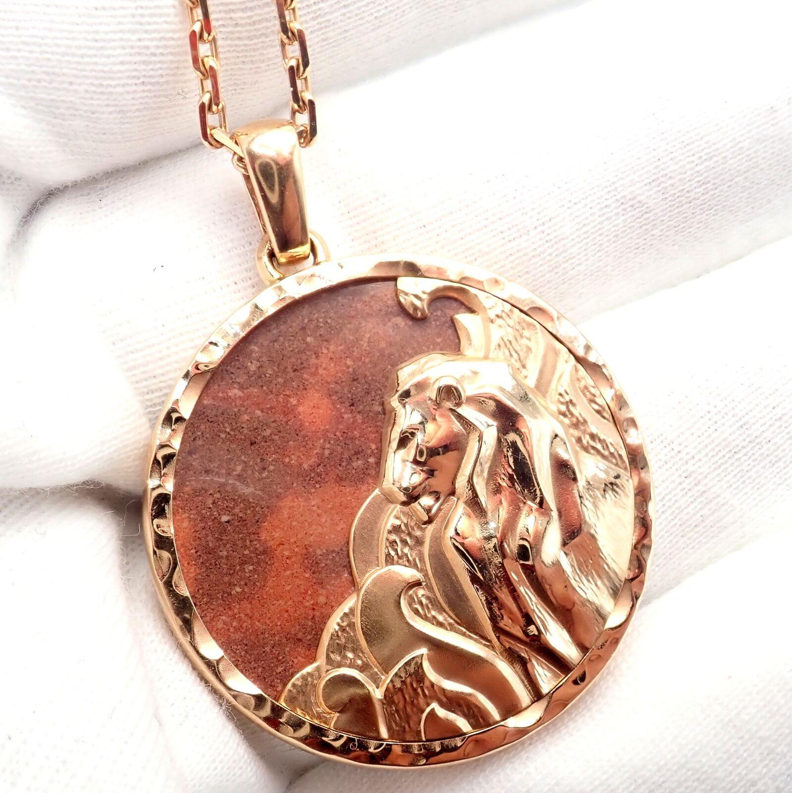 Van Cleef & Arpels Zodiaque Leo Red Jasper Rose Gold Pendant Long Necklace In Excellent Condition In Southampton, PA