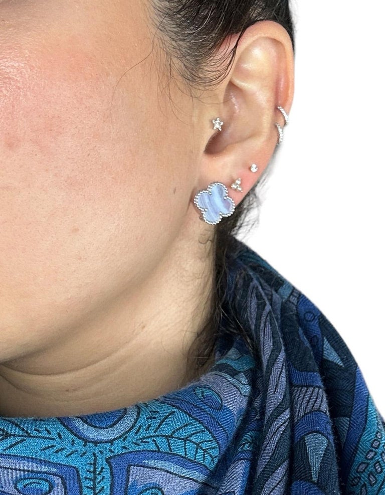 Van Cleef Arples 18K White Gold/ Chalcedony Vintage Alhambra Earrings