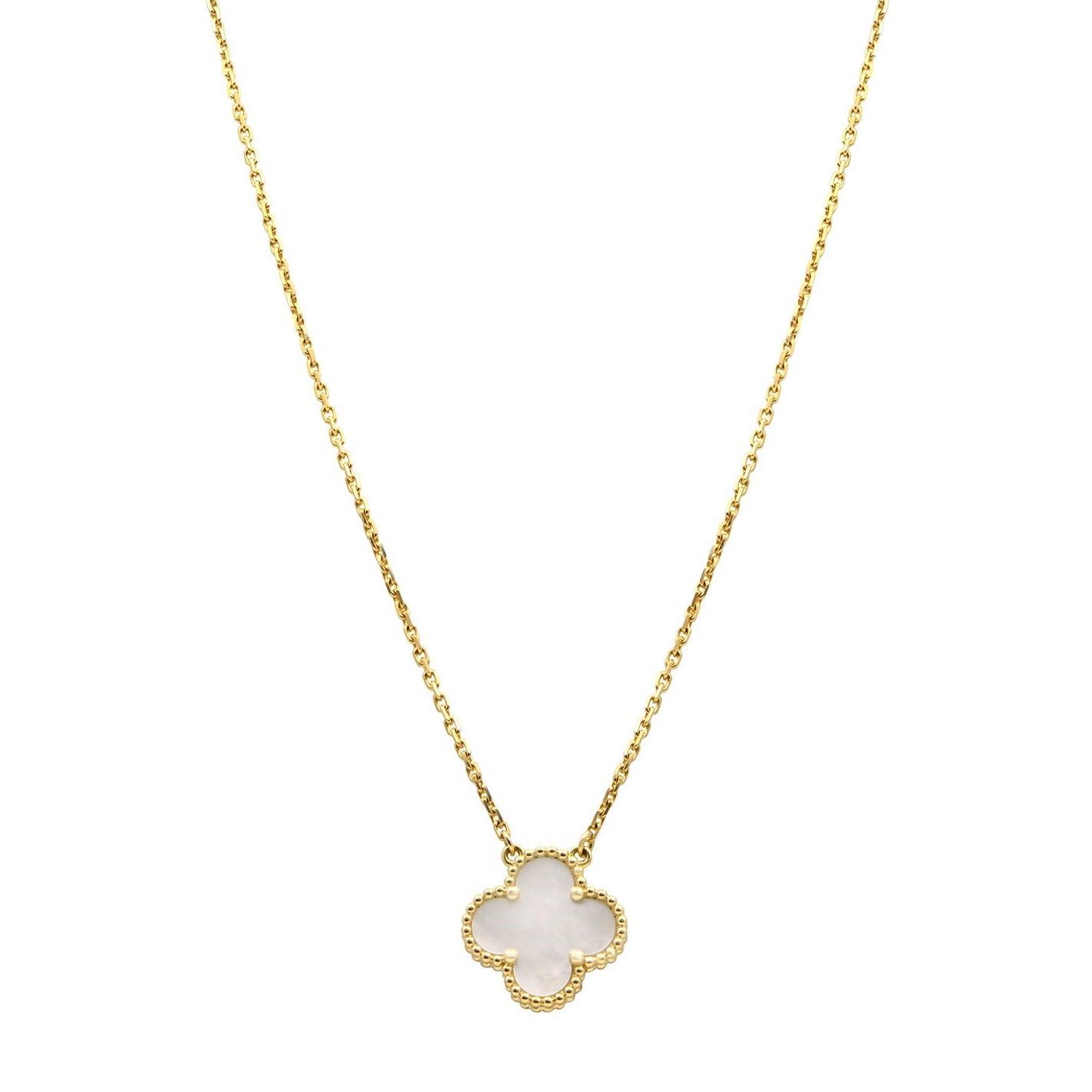 Van Cleef & Arples Vintage Alhambra pendant, 18K yellow gold, one white mother-of-pearl motif. Hallmark clasp. Chain length: 16.54 inches. Excellent pre-owned condition. Original box is not included. Comes with paperwork only. 