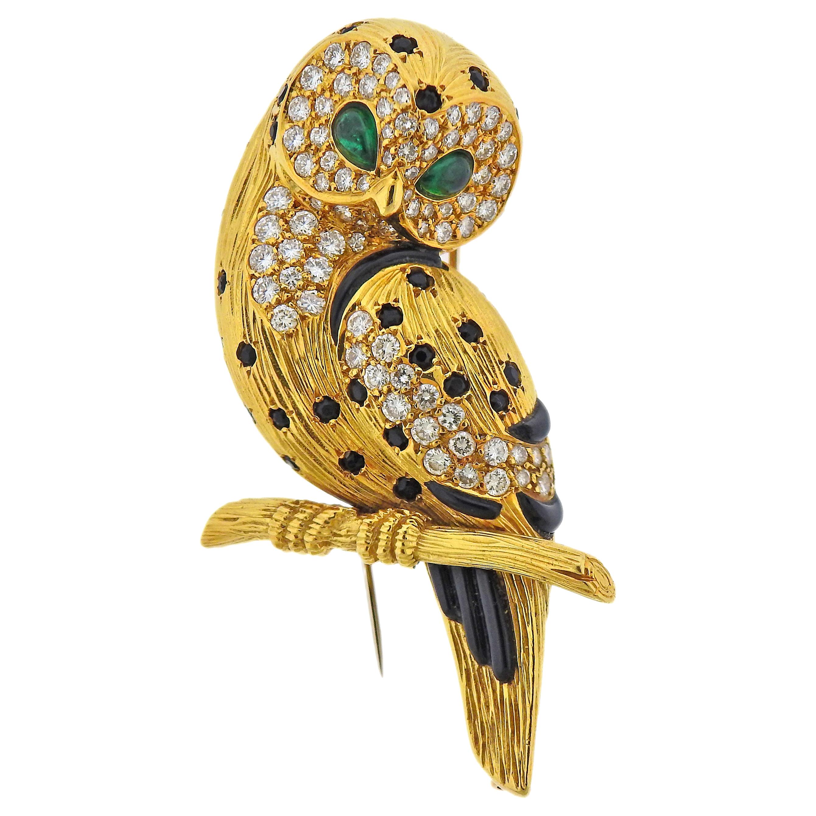 Van Cleef & Arples Diamond Emerald Onyx Gold Owl Brooch Pin
