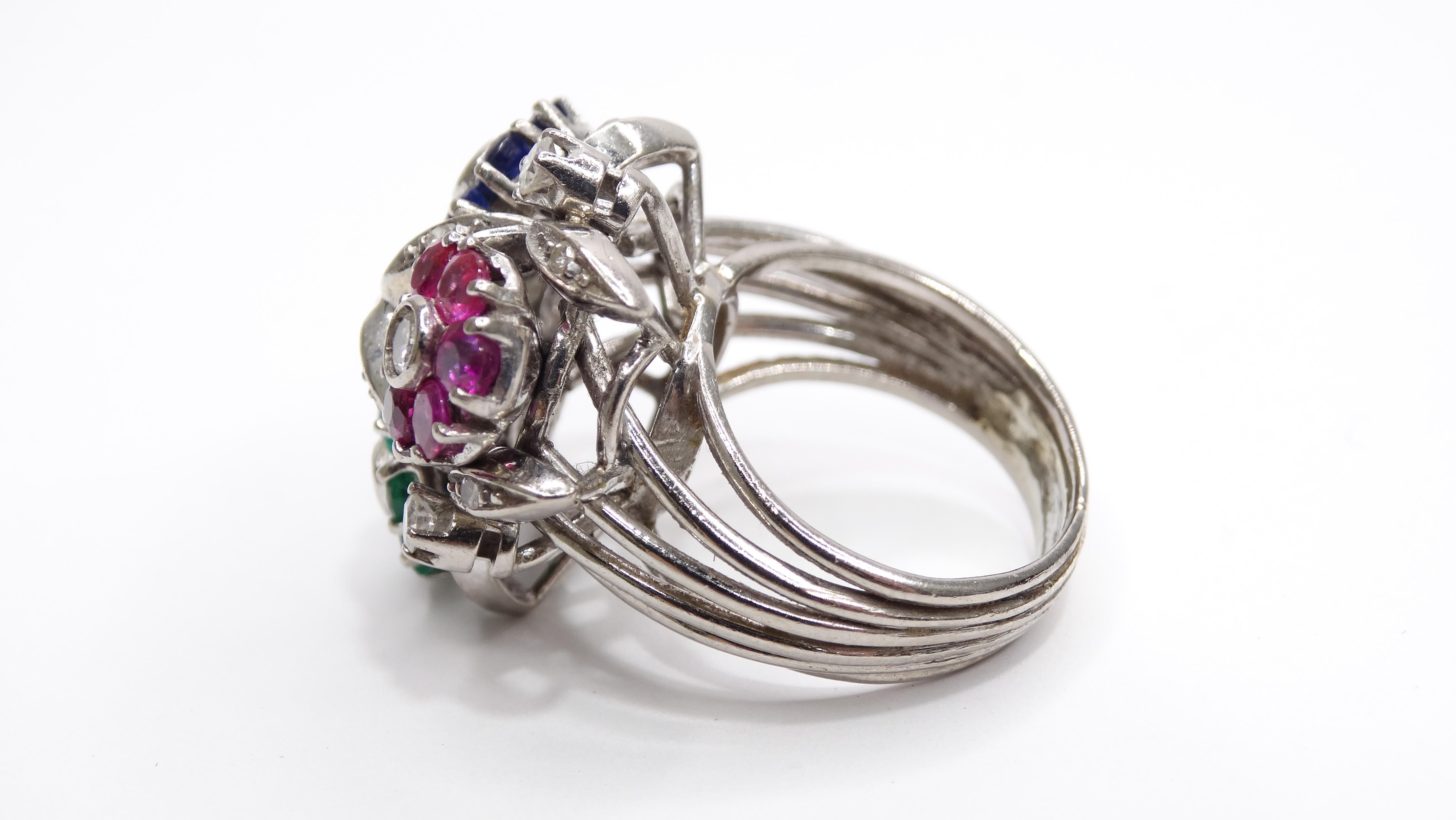 Round Cut Van Cleef & Arples Platinum Floral Cocktail Ring Ruby, Emerald, Sapphires  For Sale