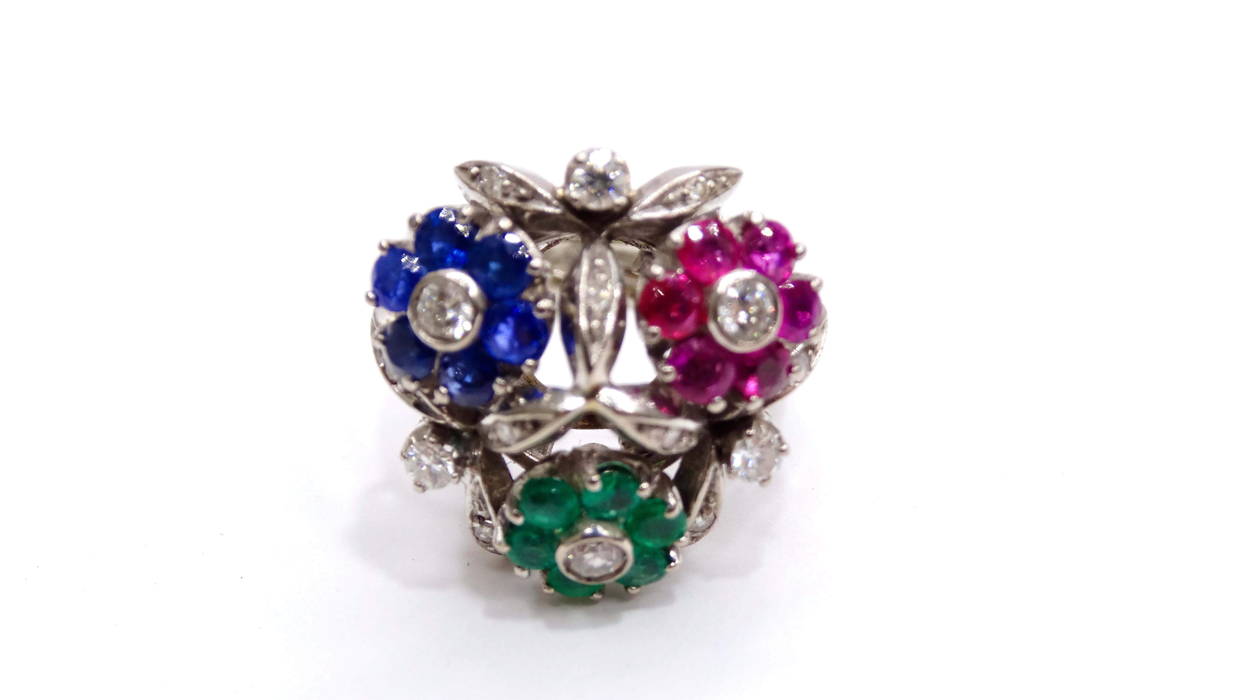 Van Cleef & Arples Platinum Floral Cocktail Ring Ruby, Emerald, Sapphires  In Good Condition For Sale In Scottsdale, AZ