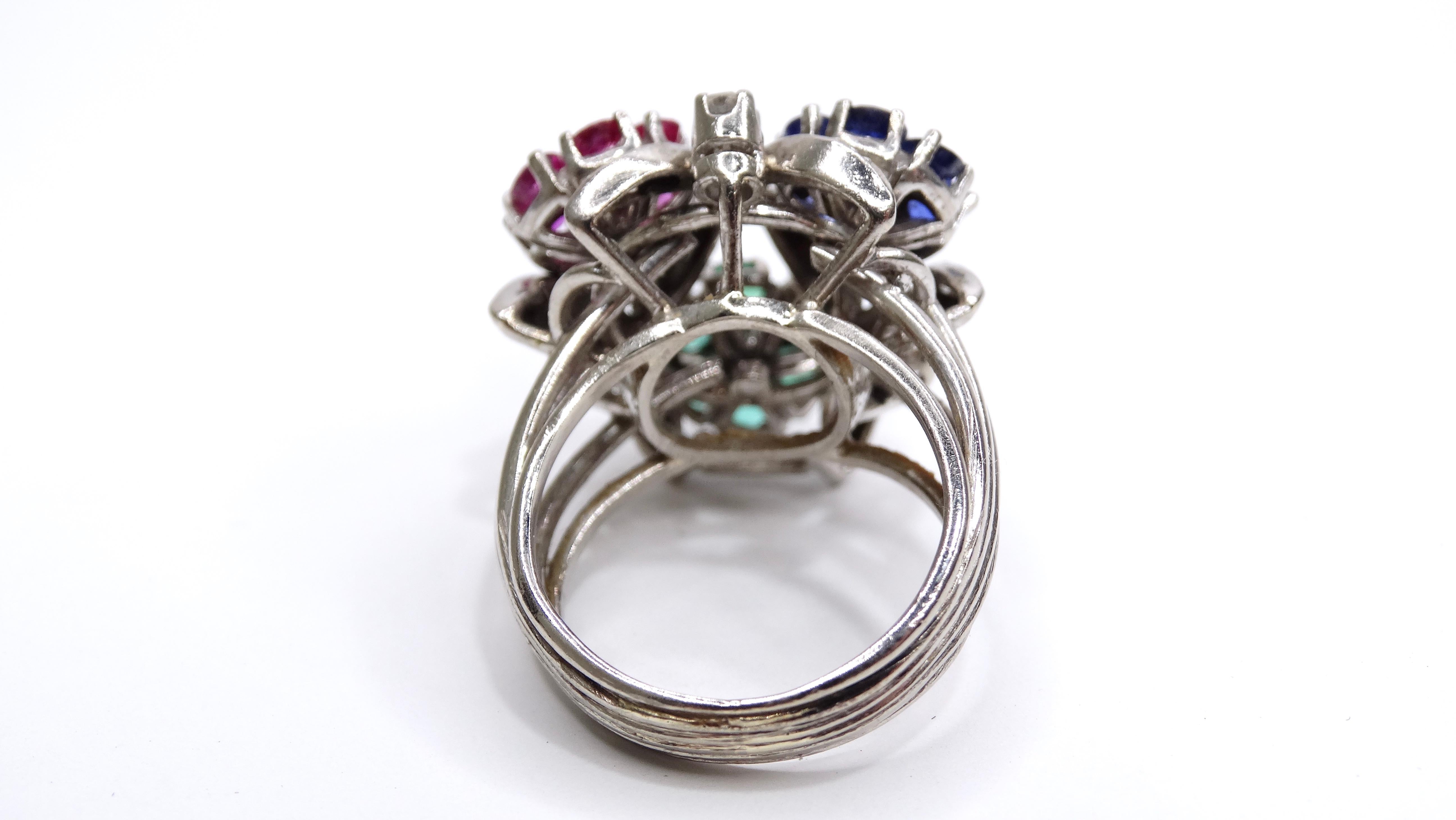 Women's or Men's Van Cleef & Arples Platinum Floral Cocktail Ring Ruby, Emerald, Sapphires  For Sale