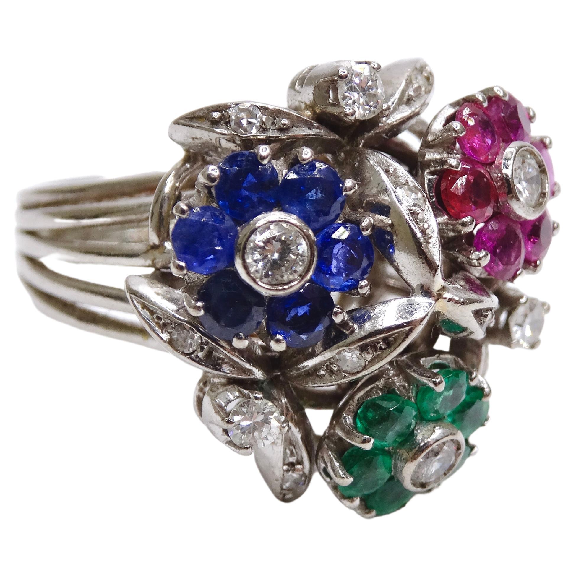 Van Cleef & Arples Platinum Floral Cocktail Ring Ruby, Emerald, Sapphires  For Sale