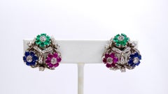 Van Cleef & Arples Platinum Floral Earrings Ruby, Emerald, Sapphires Diamonds