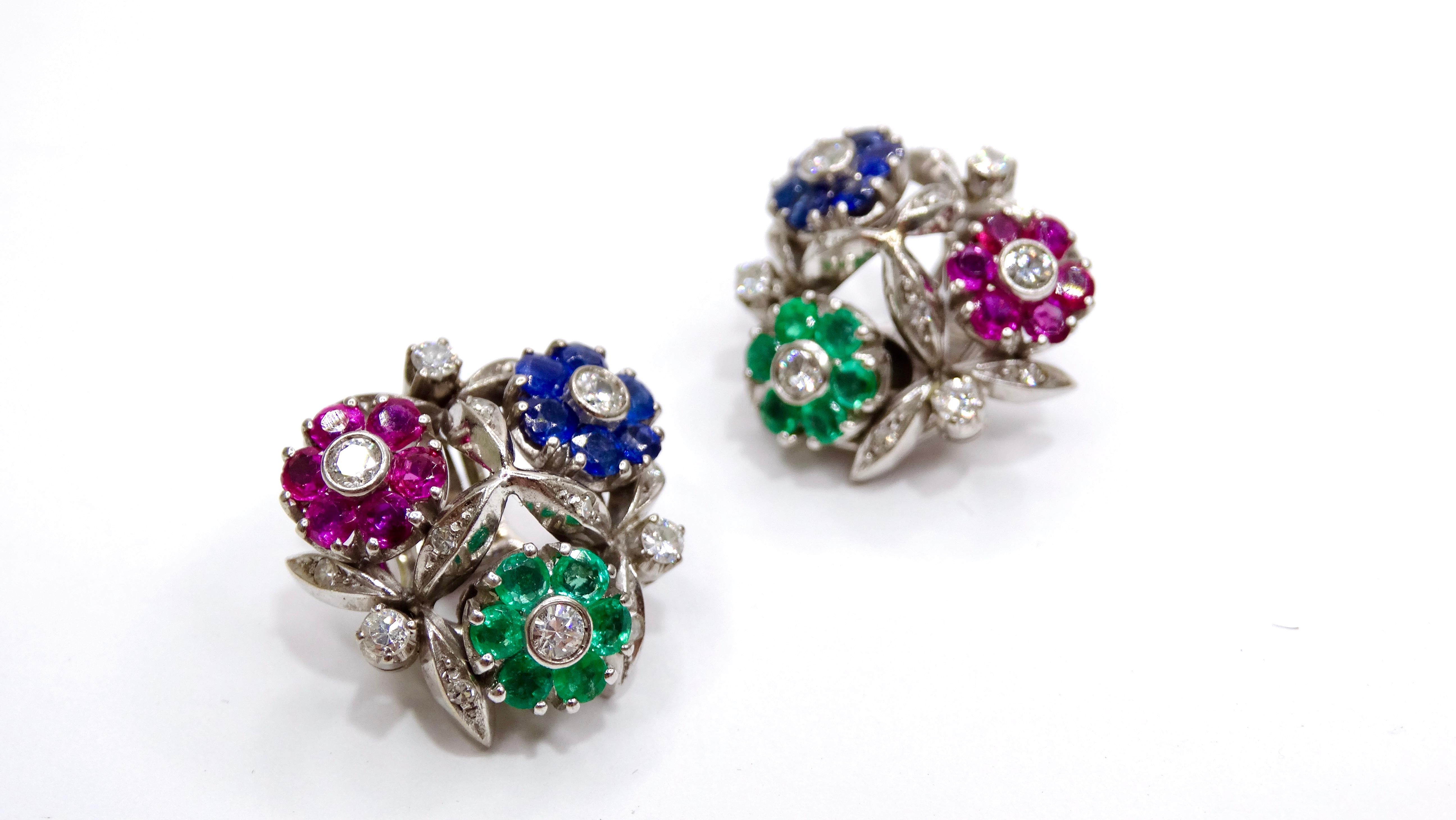 Single Cut Van Cleef & Arples Platinum Floral Earrings Ruby, Emerald, Sapphires Diamonds  For Sale