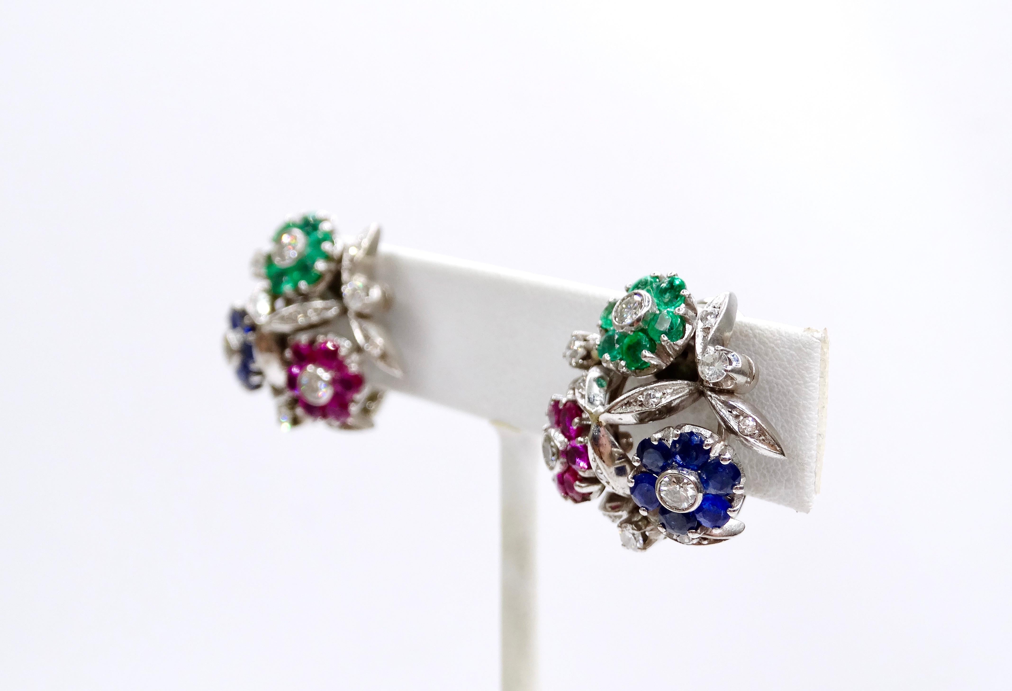 Van Cleef & Arples Platinum Floral Earrings Ruby, Emerald, Sapphires Diamonds In Good Condition For Sale In Scottsdale, AZ