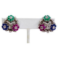 Van Cleef & Arples Platinum Floral Earrings Ruby, Emerald, Sapphires Diamonds 