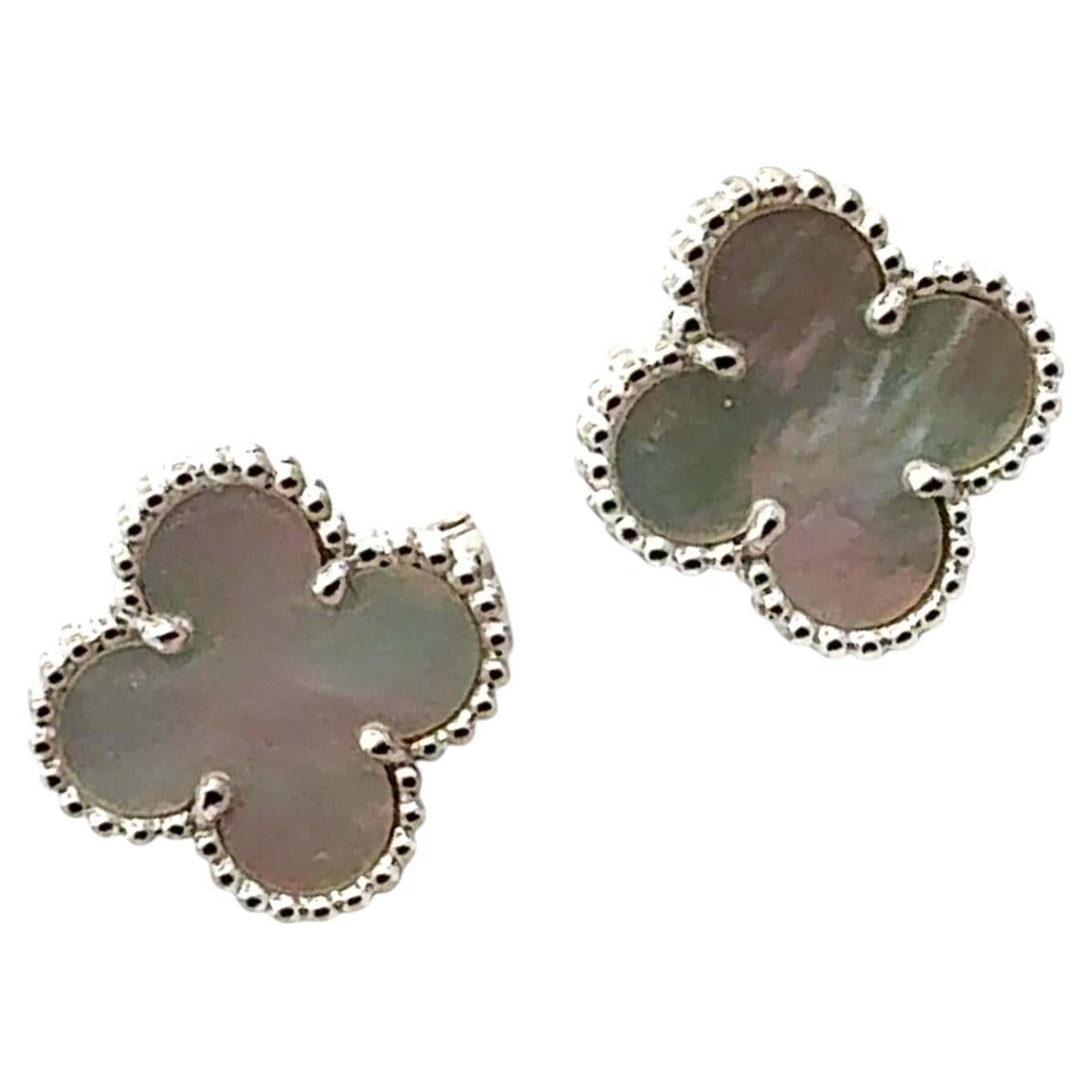 Van Cleef & Arples Vintage Alhambra Mother-Of-Pearl 18K White Gold Stud Earrings For Sale