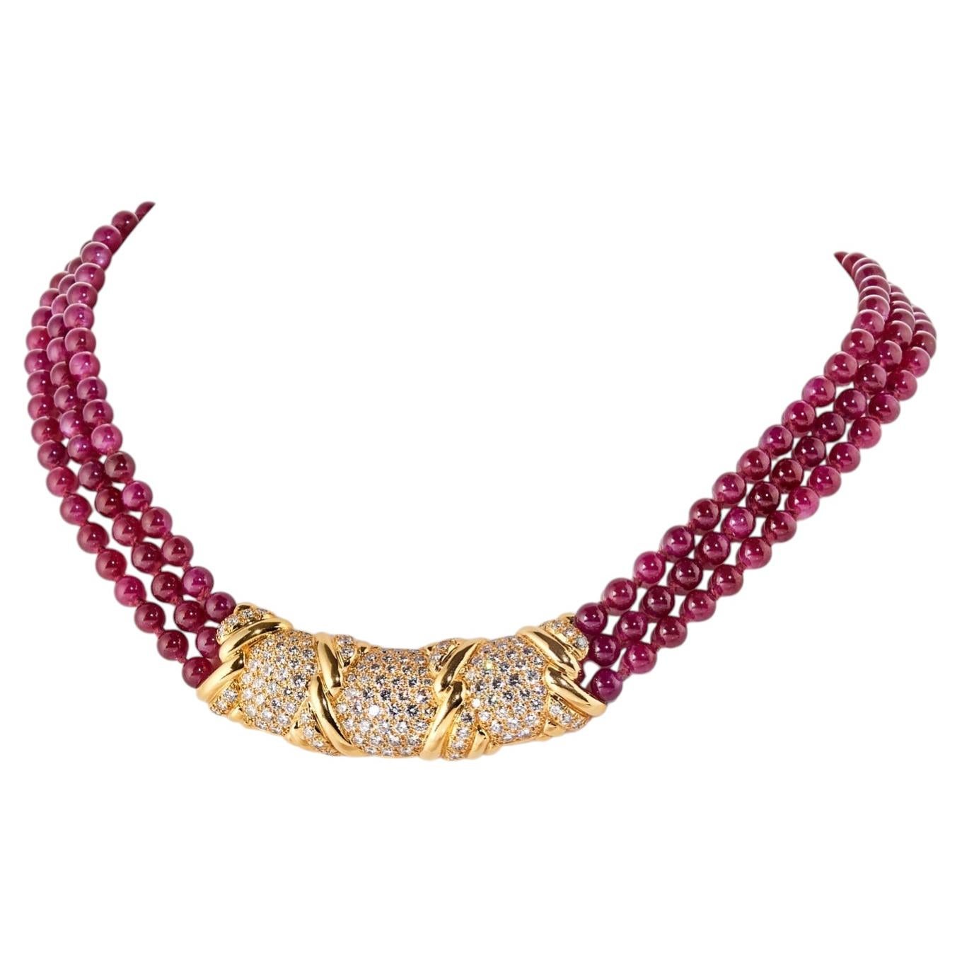 VAN CLEEF & ARPLES 1980s Yellow Gold Diamond Ruby Necklace, 2.80ct
