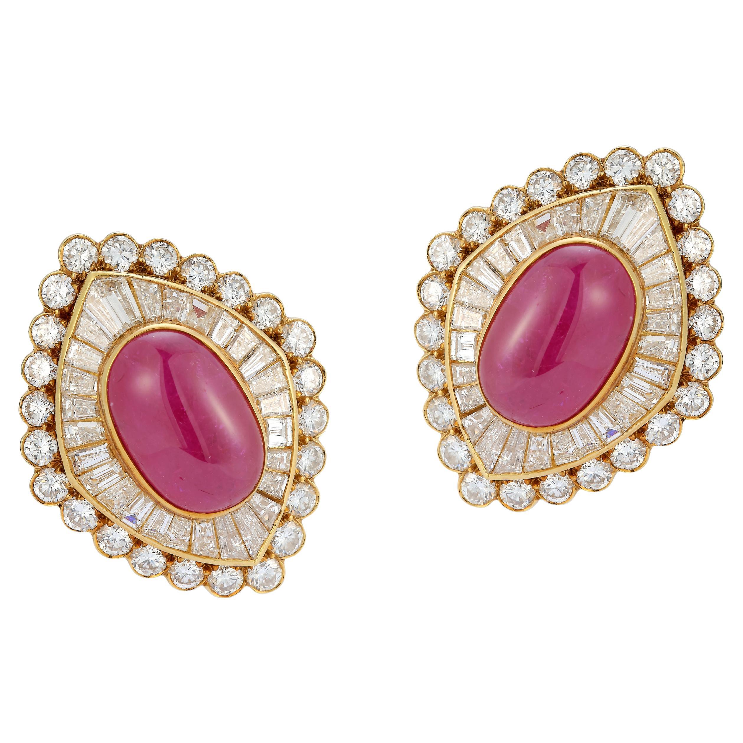 Van Cleef & Arpels Cabochon Ruby & Diamond Clip on Earrings For Sale