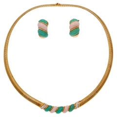 Van Cleef Chrysoprase, Coral, And Diamond Necklace And Earrings Suite.