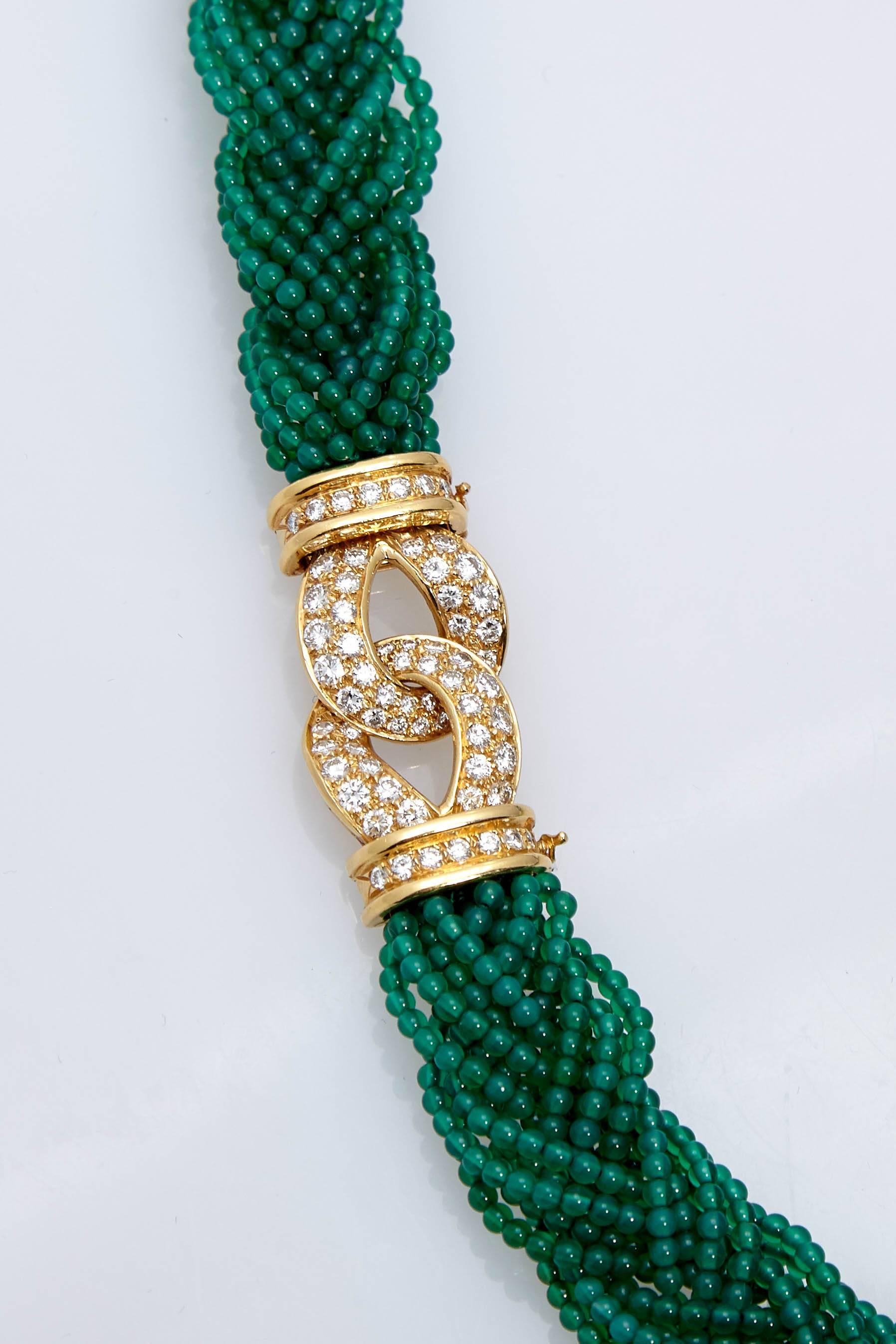 Van Cleef Chrysoprase Diamond Gold Necklace In Excellent Condition In New York, NY