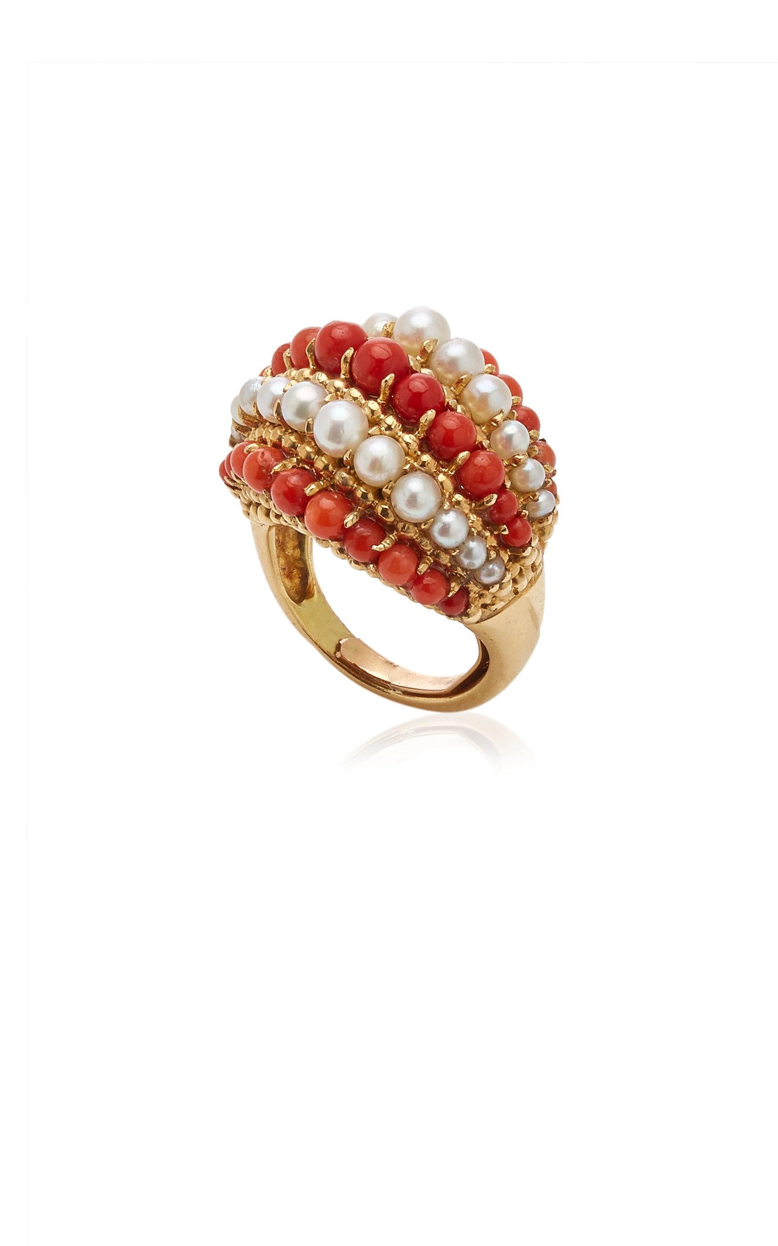 Van Cleef & Arpels Coral Pearl Gold Retro Ring In Excellent Condition In New York, NY