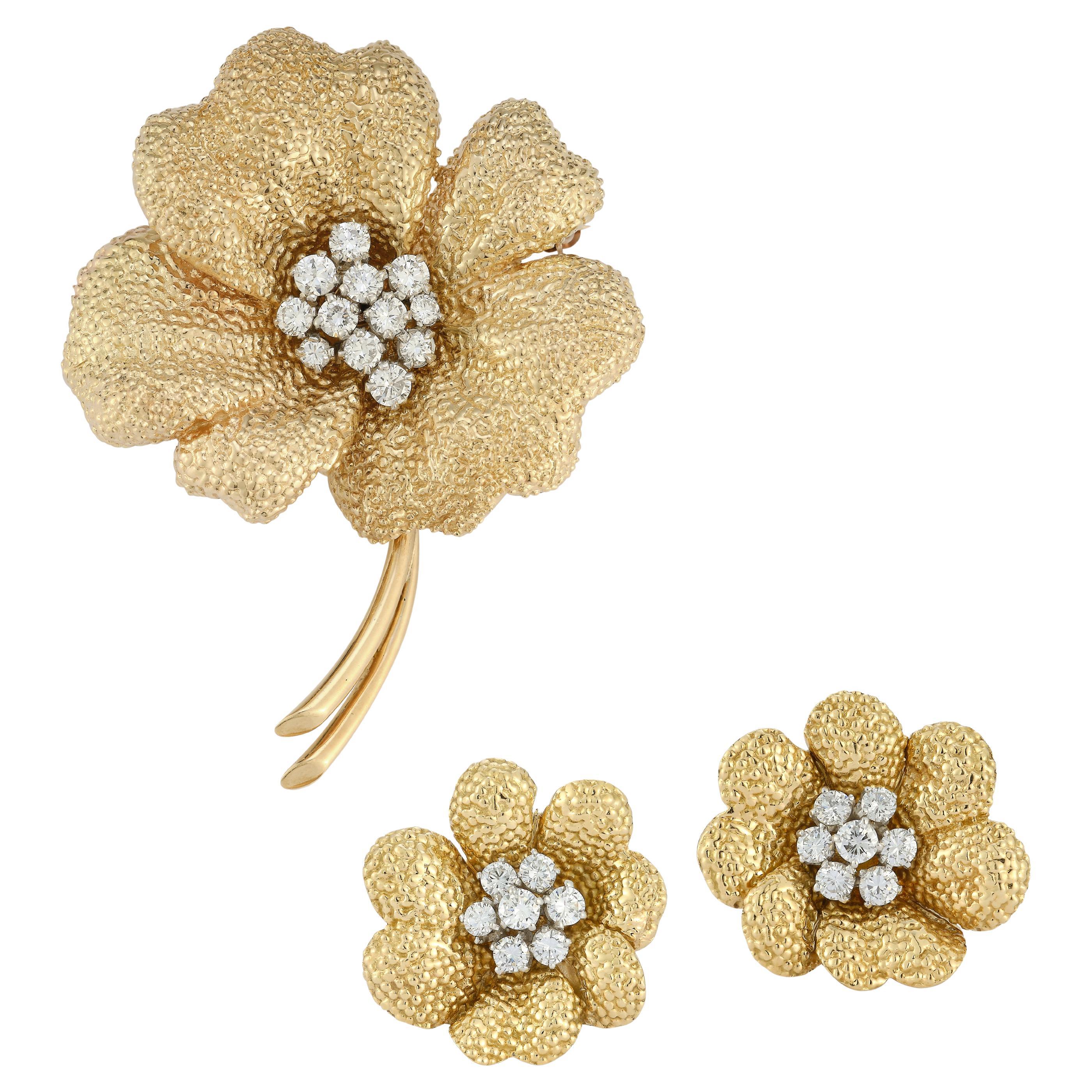 Van Cleef & Arpels Diamond Flower Brooch & Earrings Set